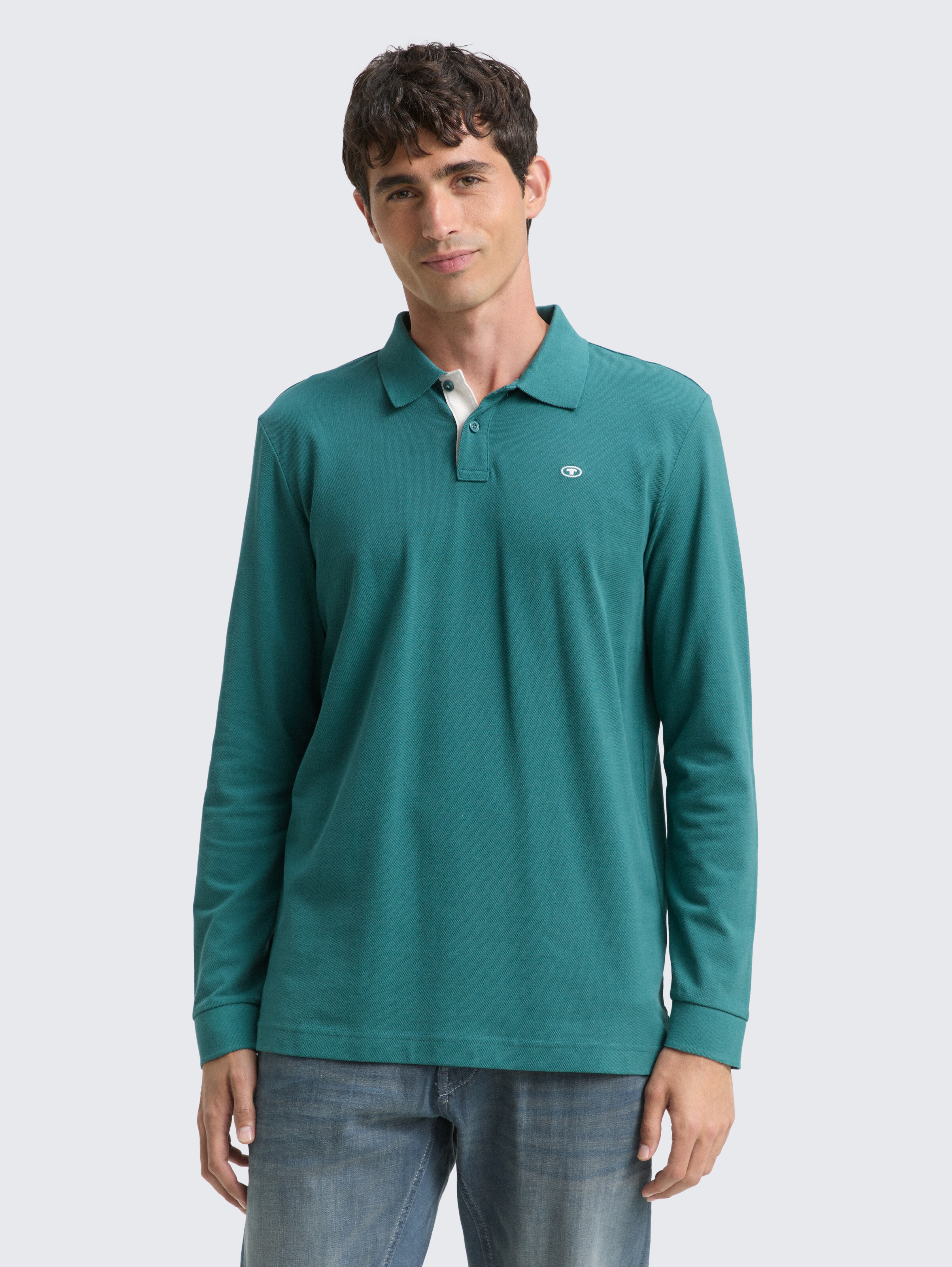 Long-sleeved piqué polo shirt in green by Tom Tailor
