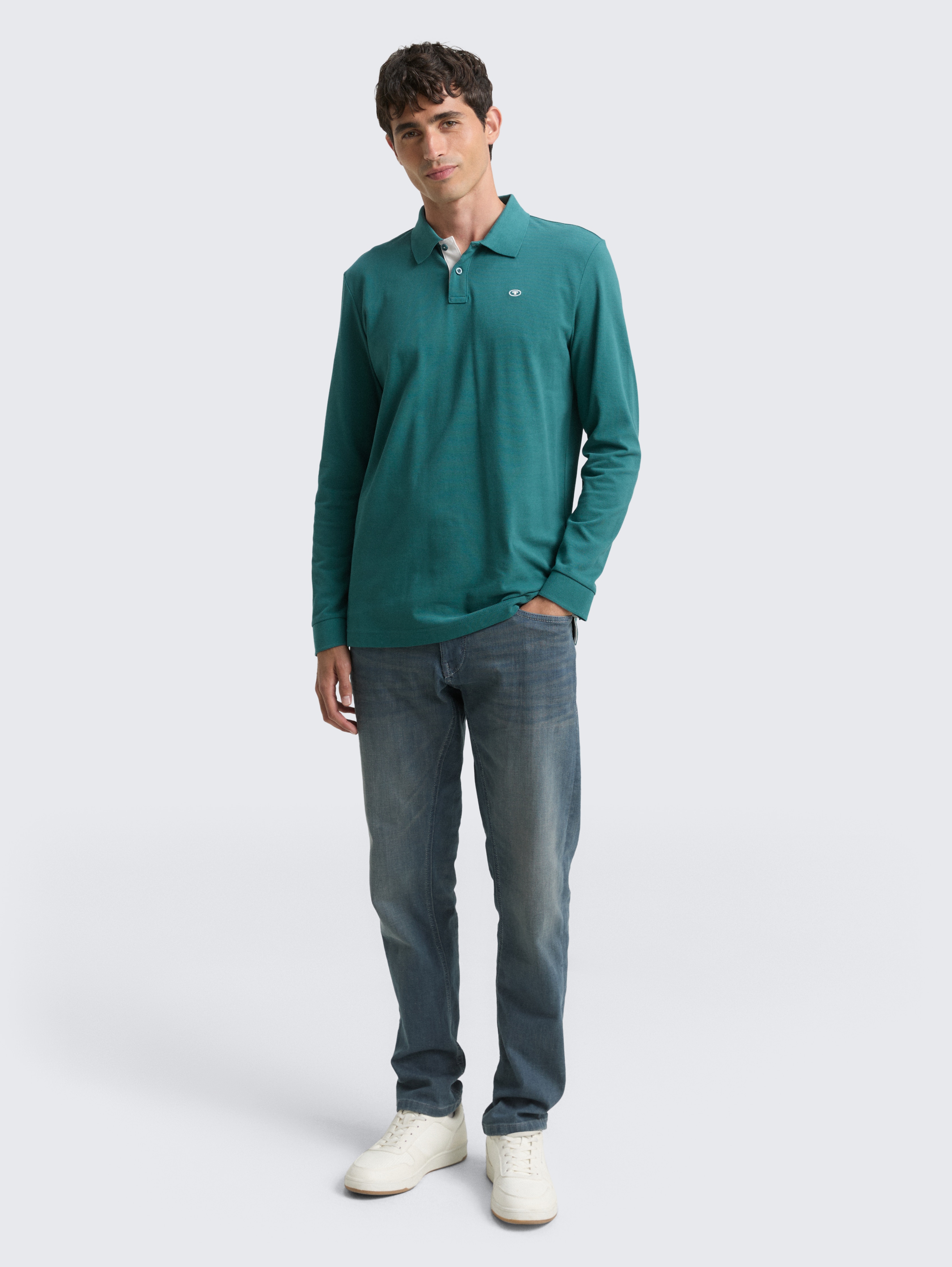 Long-sleeved piqué polo shirt in green by Tom Tailor