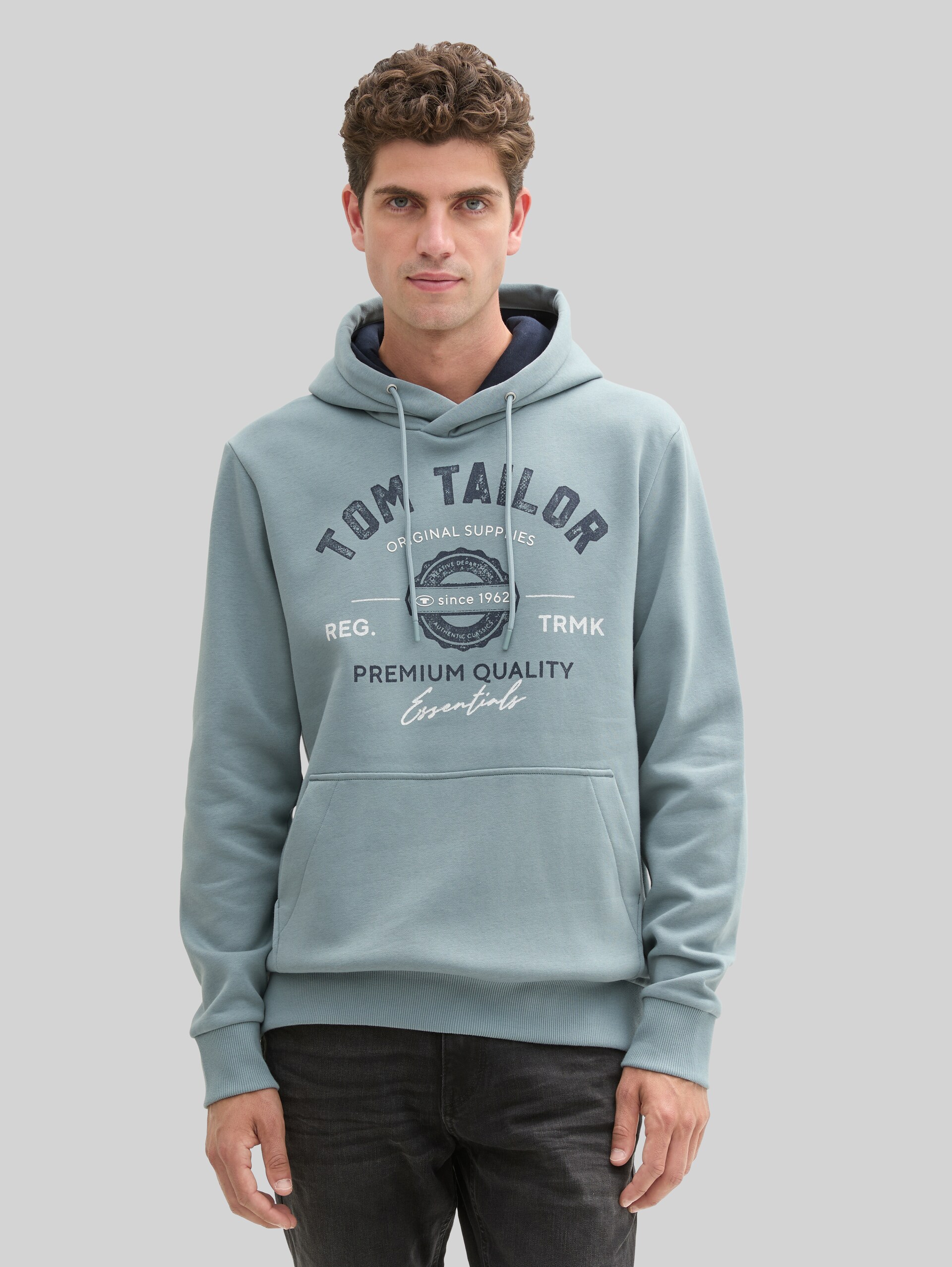 Hoodie Sweatshirt with logo print - grey mint - Neckline model front view