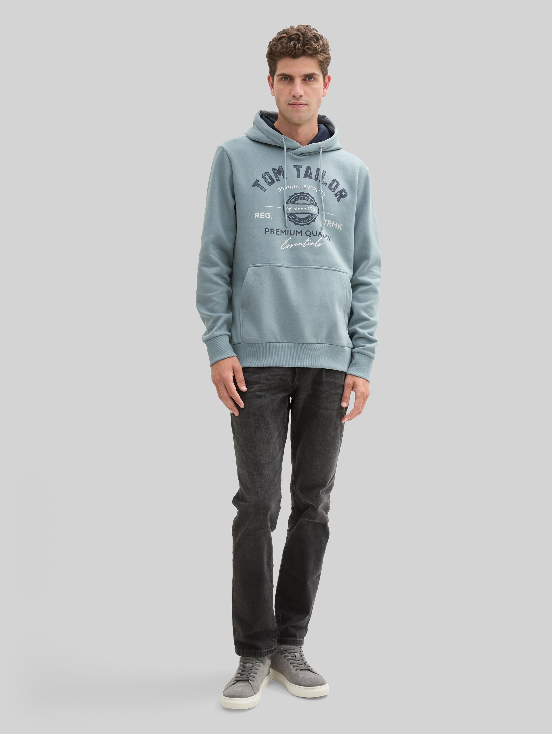 Hoodie Sweatshirt with logo print - grey mint - Model front view