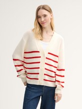 Cardigan mit V-Ausschnitt - placed white red stripe - Ausschnitt Model-Vorderansicht