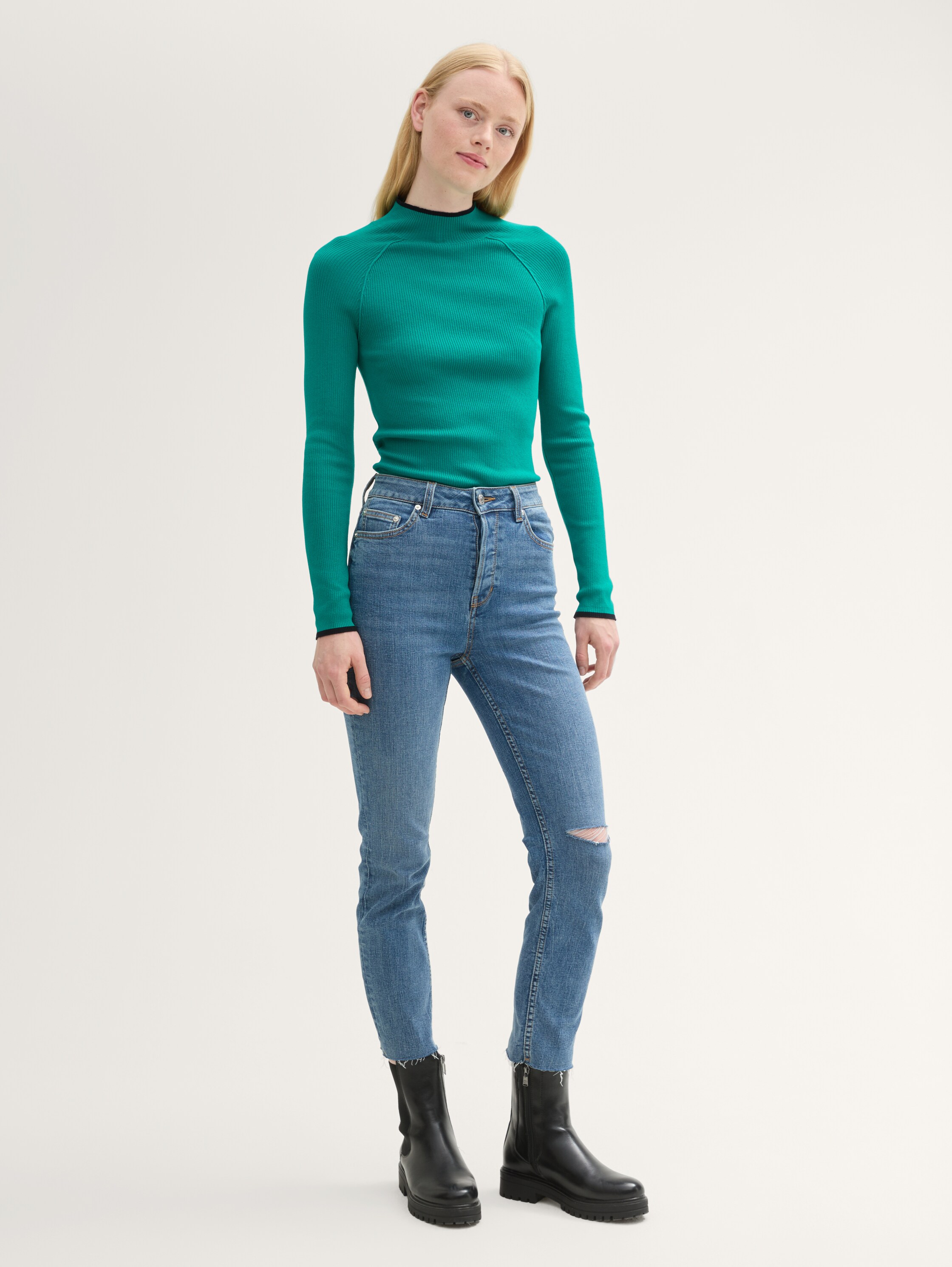 Tight Fit Ripp Pullover mit Stehkragen - jade_green - 