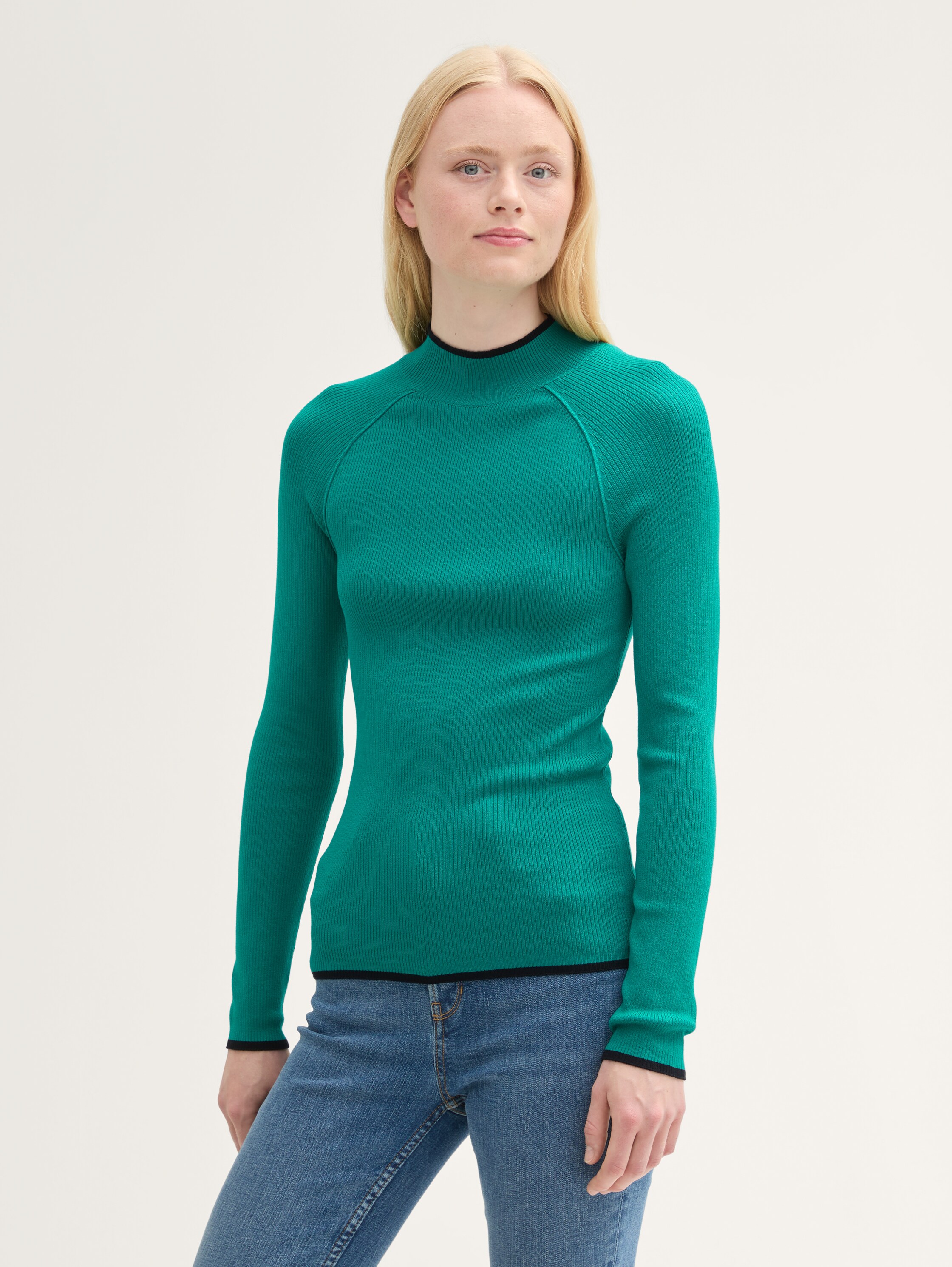 Tight Fit Ripp Pullover mit Stehkragen - jade_green - 