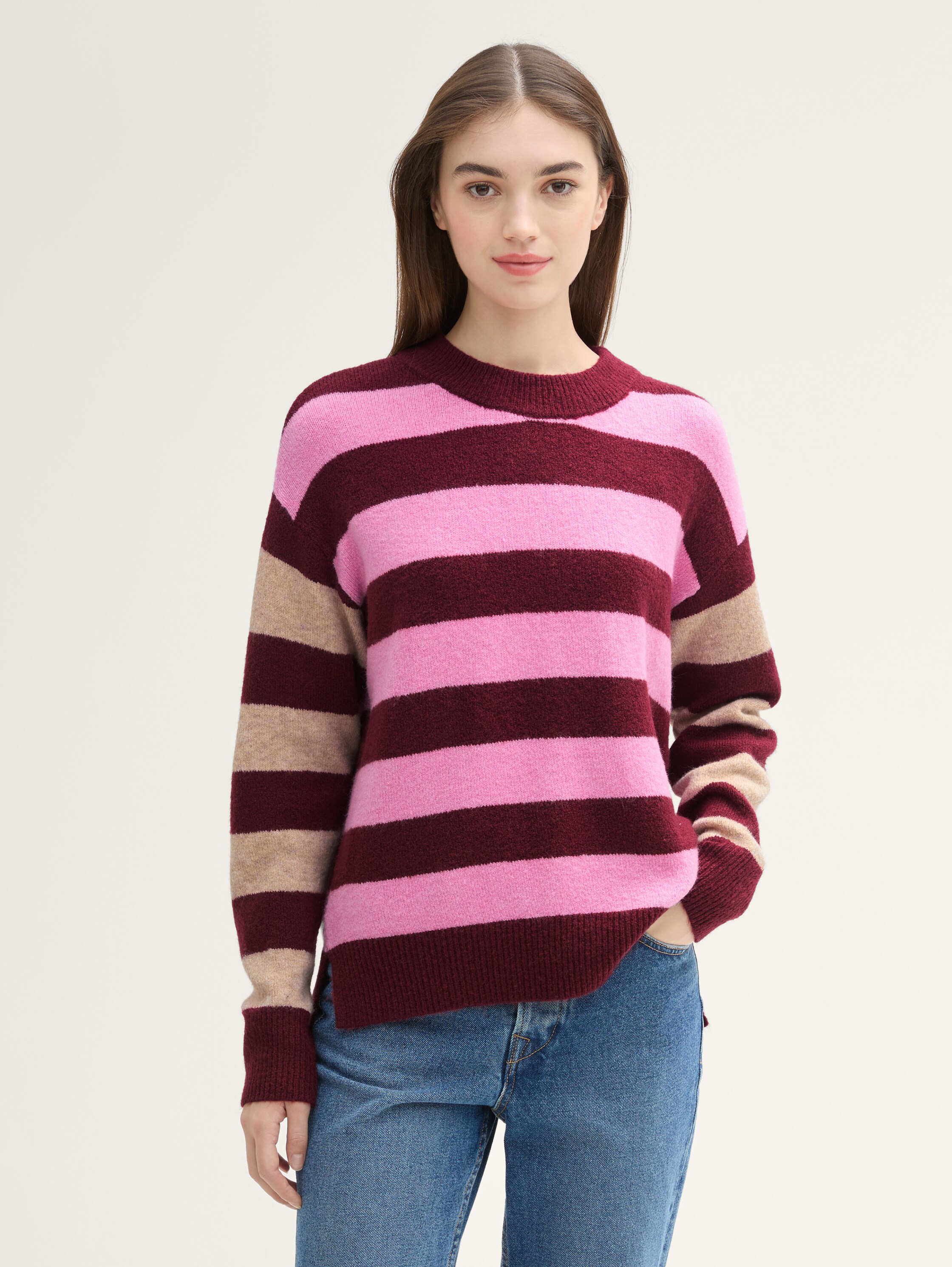 Gestreifter Strick Pullover - dark_red_pink_stripe - 