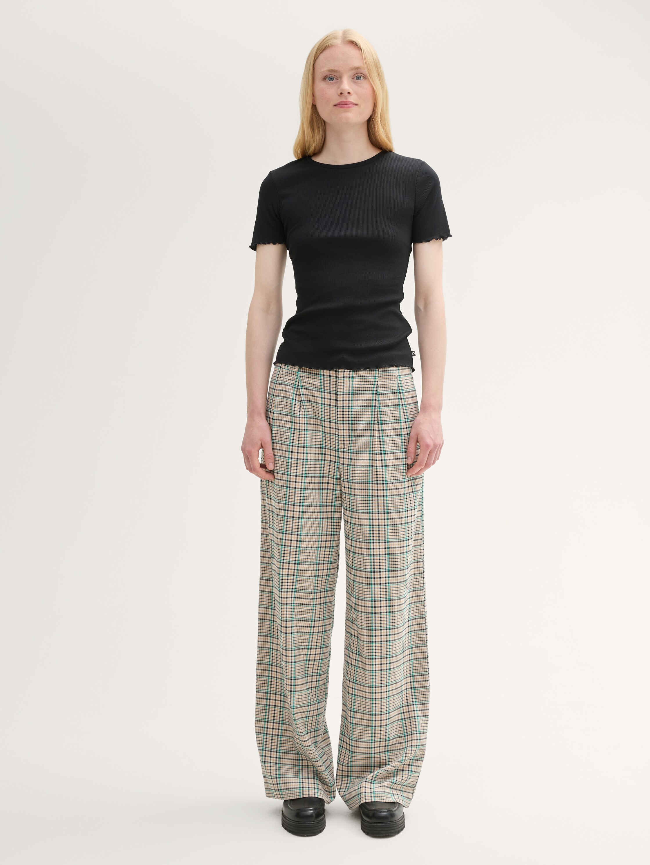 Wide Leg Hose mit Karomuster - beige_green_check - 