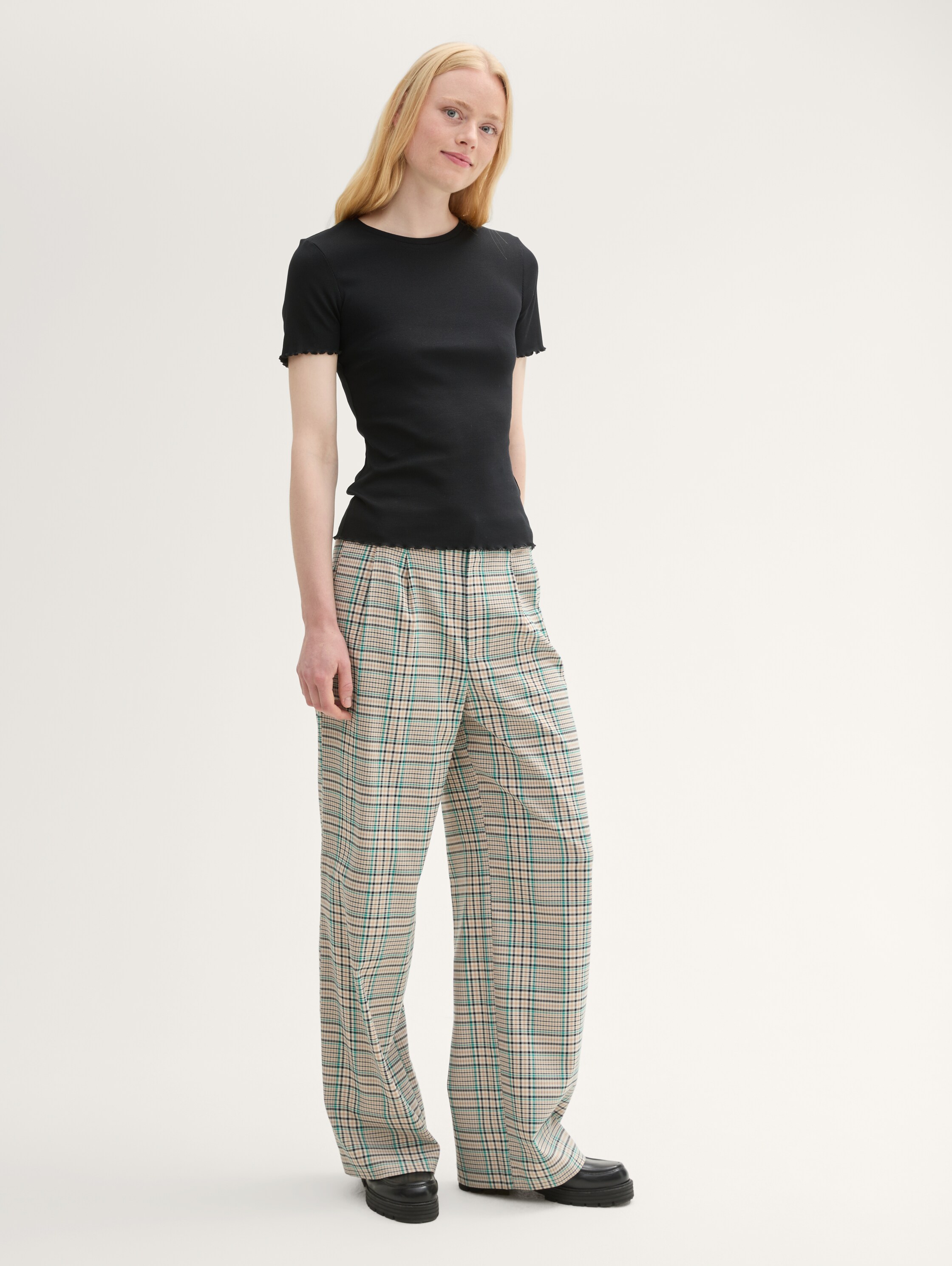Wide Leg Hose mit Karomuster - beige_green_check - 