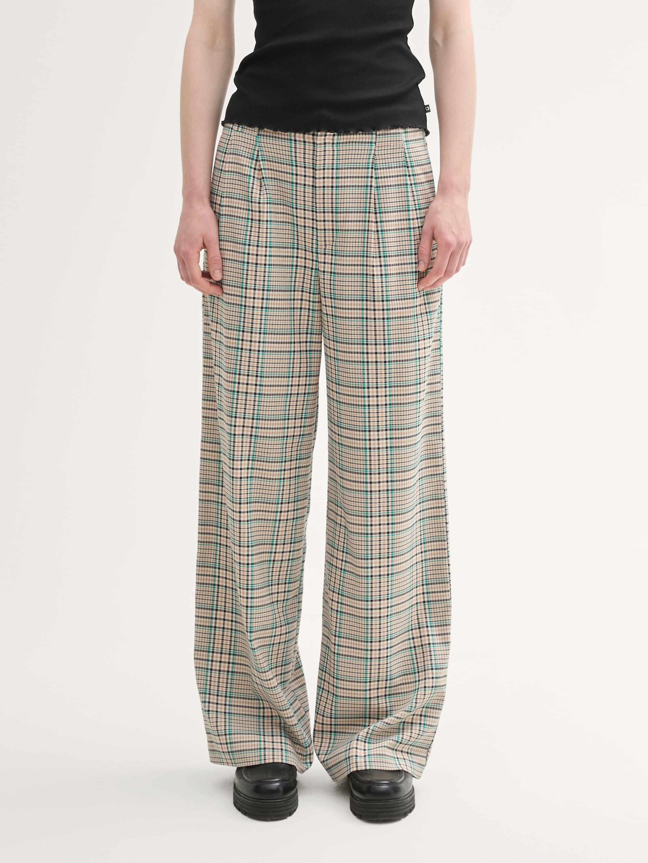 Wide Leg Hose mit Karomuster - beige_green_check - 