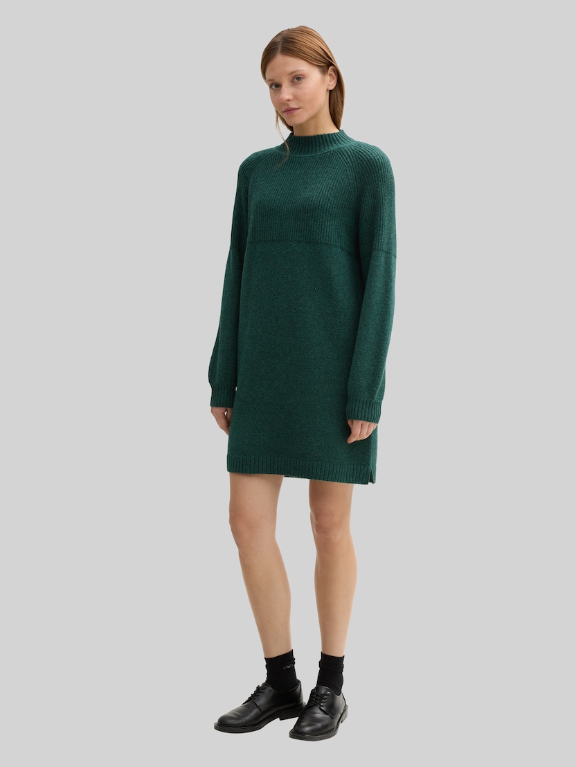 Knitted dress with stand-up collar by Denim Female, Midnight Forest Green Mélange