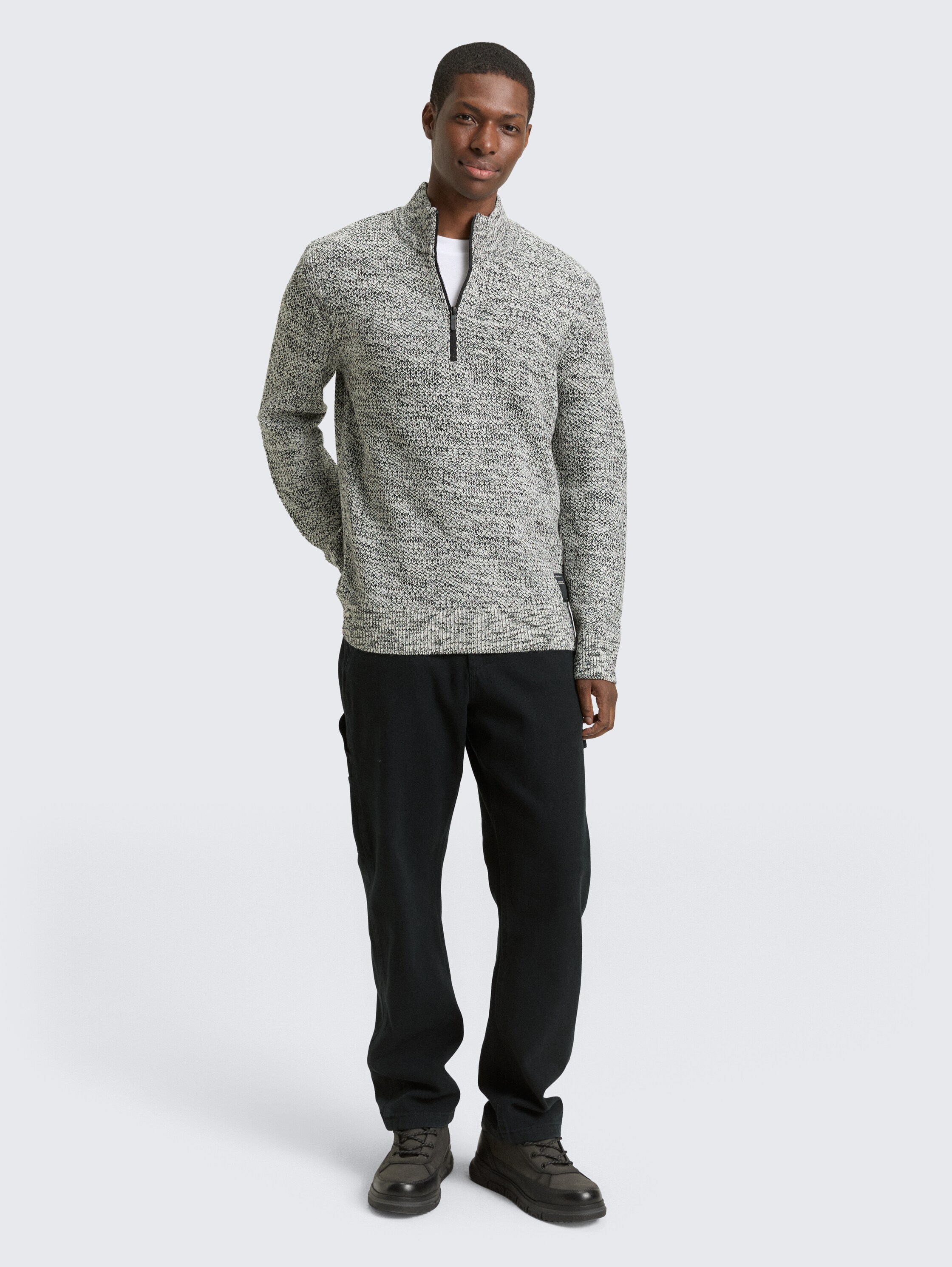 Troyer Strickpullover mit Reißverschluss - white_black_structure_mix - 