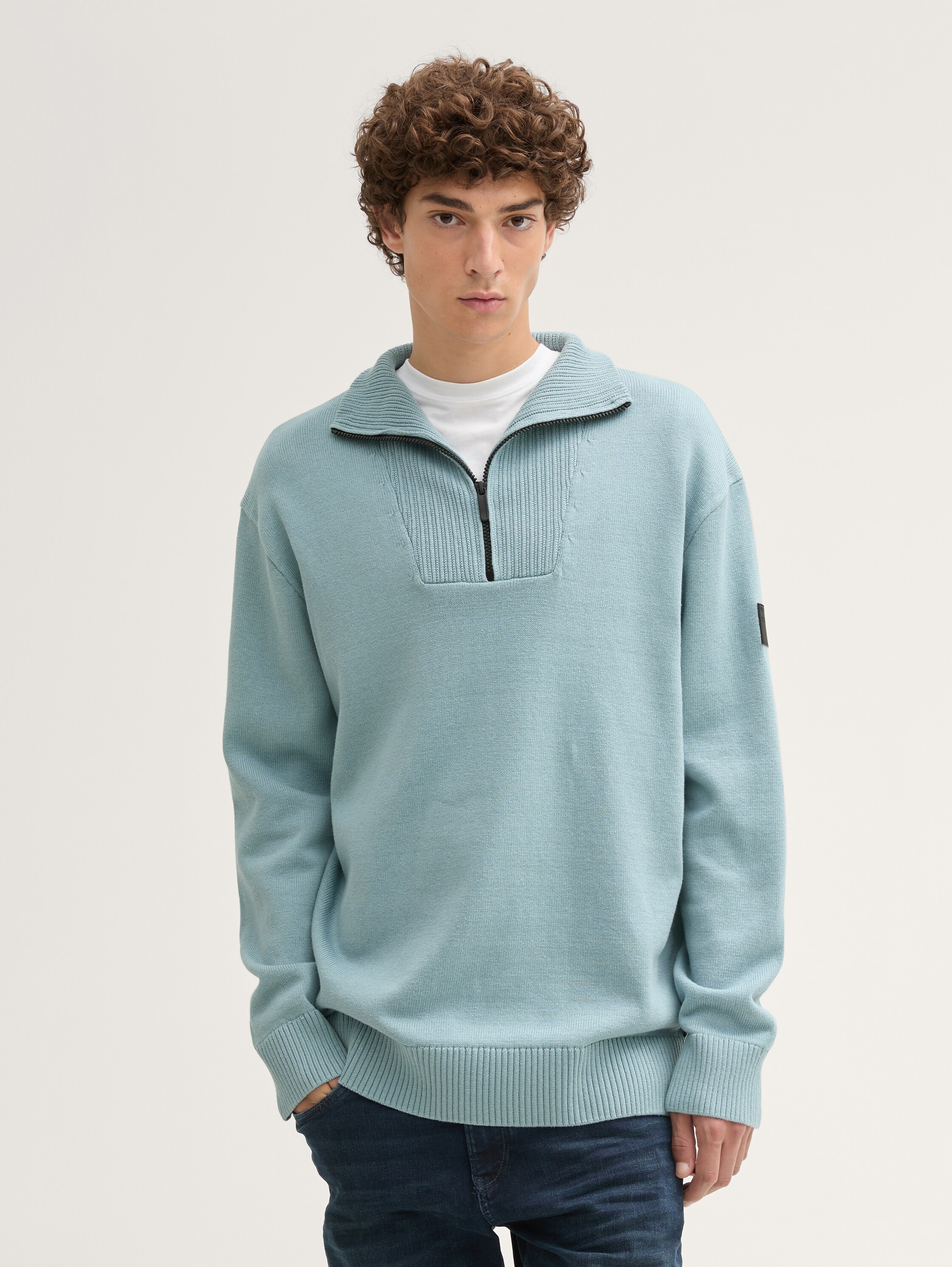 Relaxed Troyer Strickpullover aus Baumwolle - light_grey_mint - 