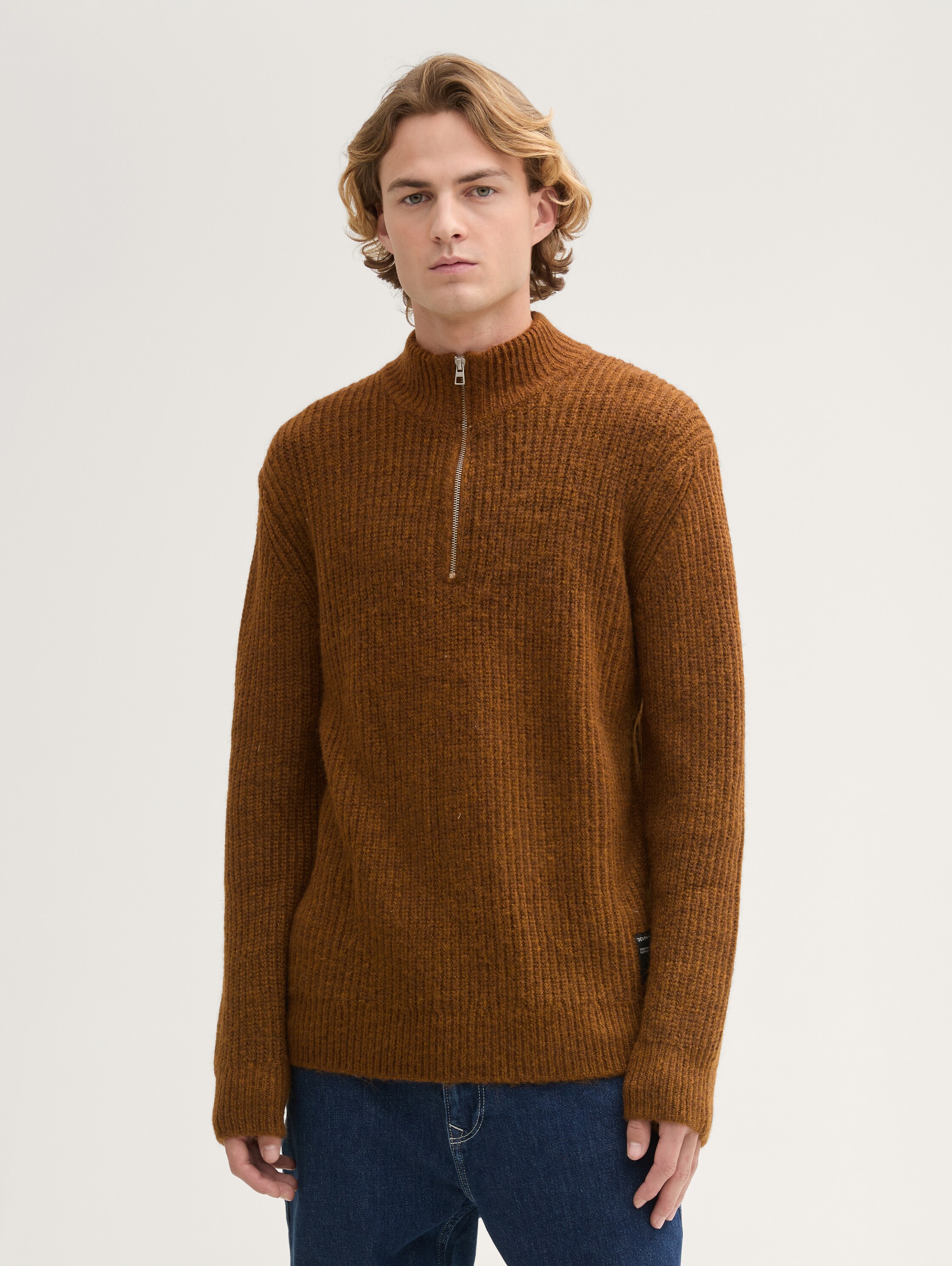 Cosy Troyer Strickpullover mit Reißverschluss - cognac_black_fancy_structure - 