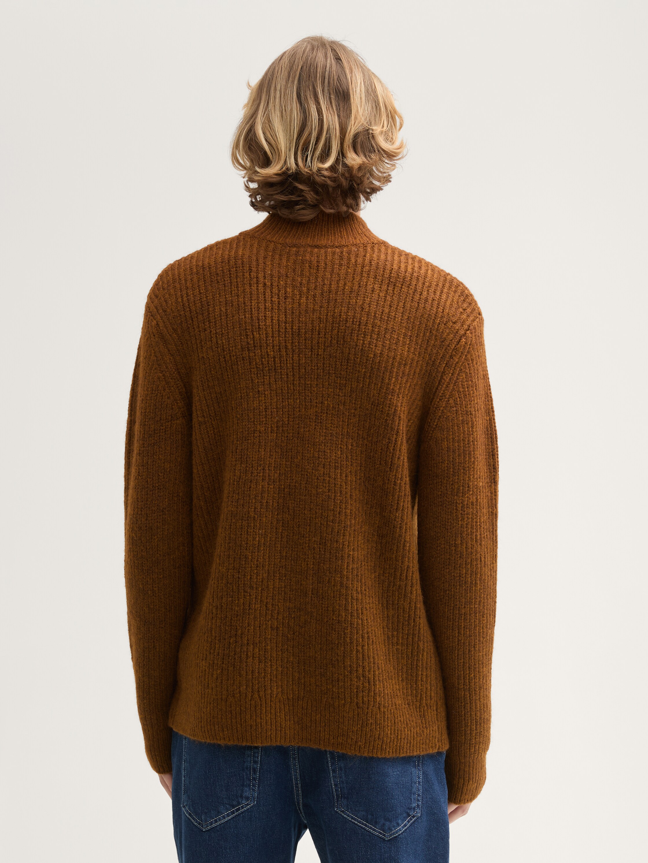 Cosy Troyer Strickpullover mit Reißverschluss - cognac_black_fancy_structure - 