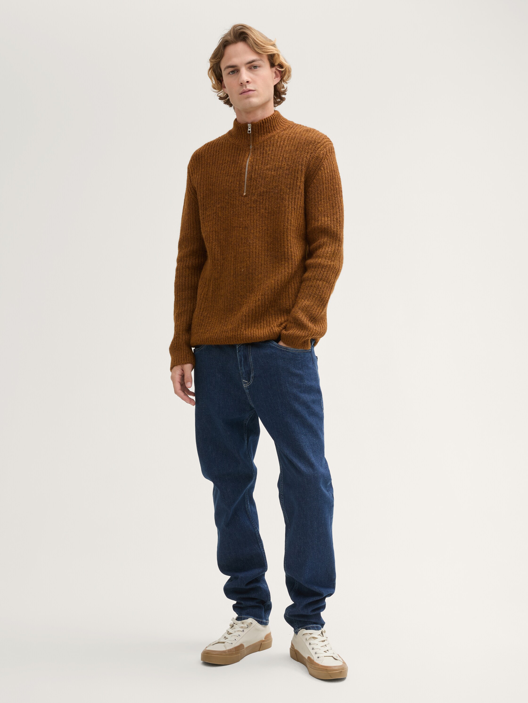 Cosy Troyer Strickpullover mit Reißverschluss - cognac_black_fancy_structure - 