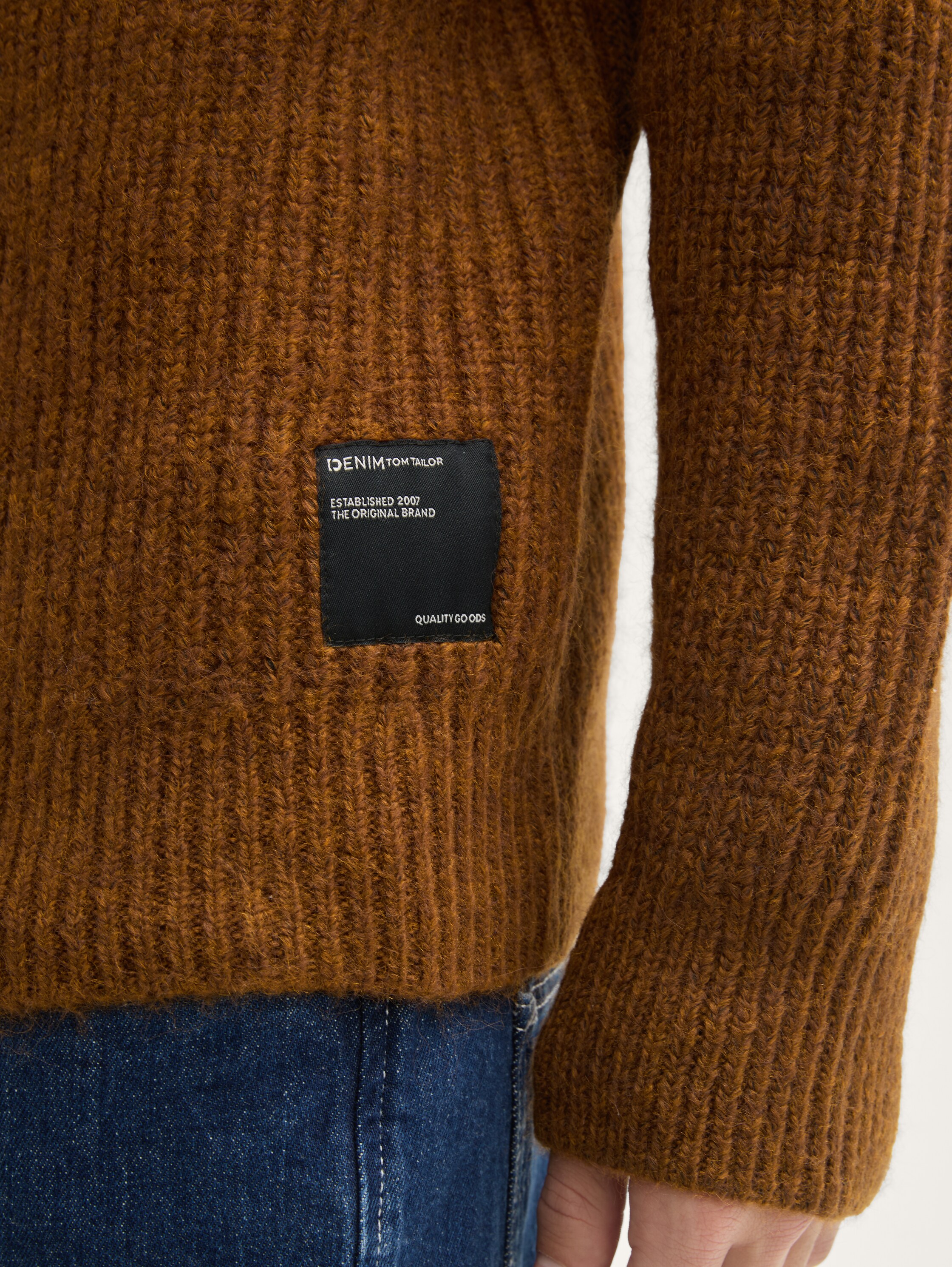 Cosy Troyer Strickpullover mit Reißverschluss - cognac_black_fancy_structure - 