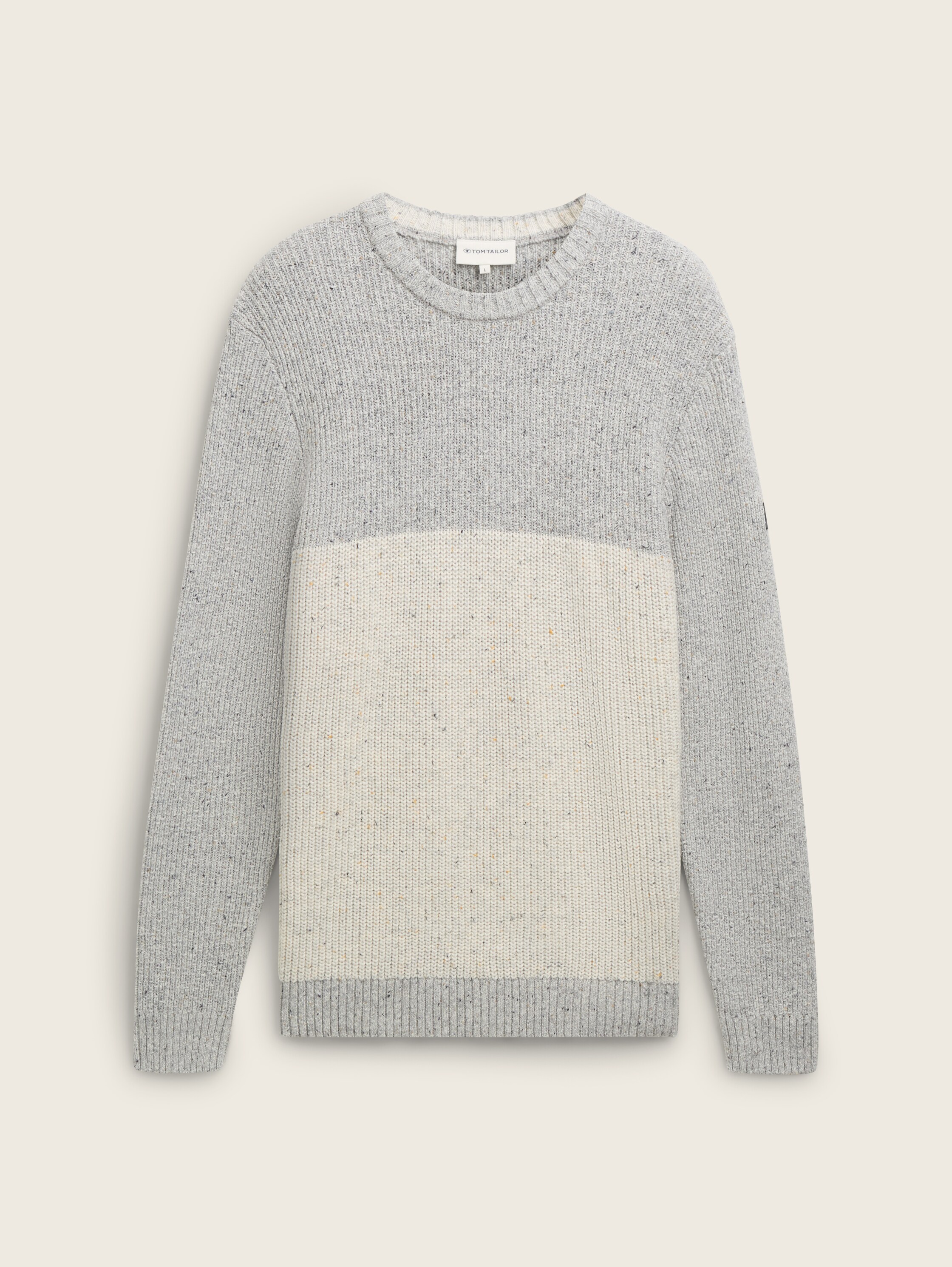 Regular Fit Strickpullover mit Logo-Badge - grey_offwhite_nep_colorblock - 