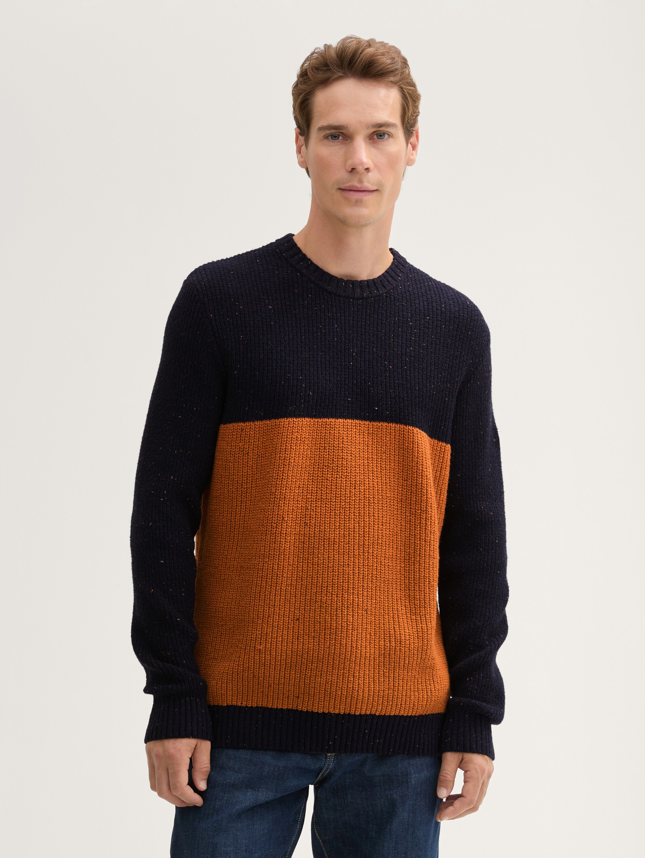 Regular Fit Strickpullover mit Logo-Badge - navy_peanut_nep_colorblock - 