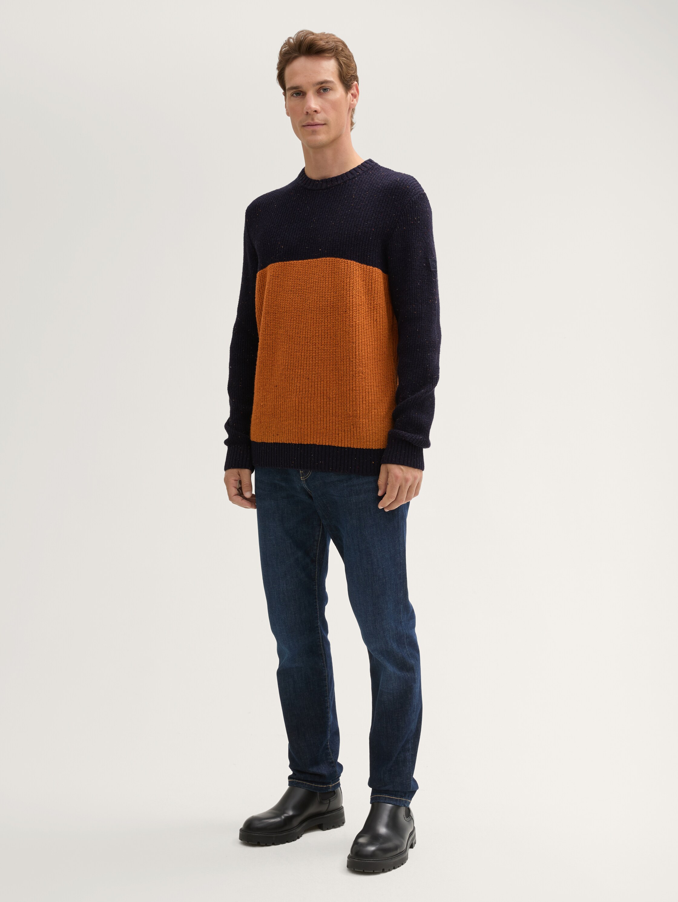 Regular Fit Strickpullover mit Logo-Badge - navy_peanut_nep_colorblock - 