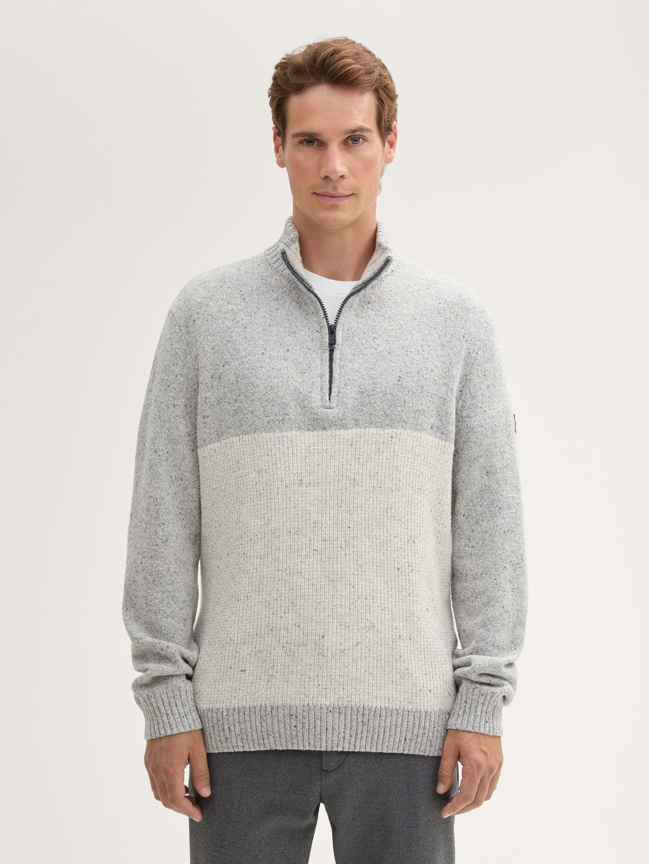 Troyer Strickpullover mit Reißverschluss - grey_offwhite_nep_colorblock - 