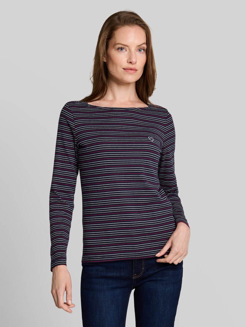 Langarmshirt mit Herz-Stickerei von Women, blue pink beige stripe