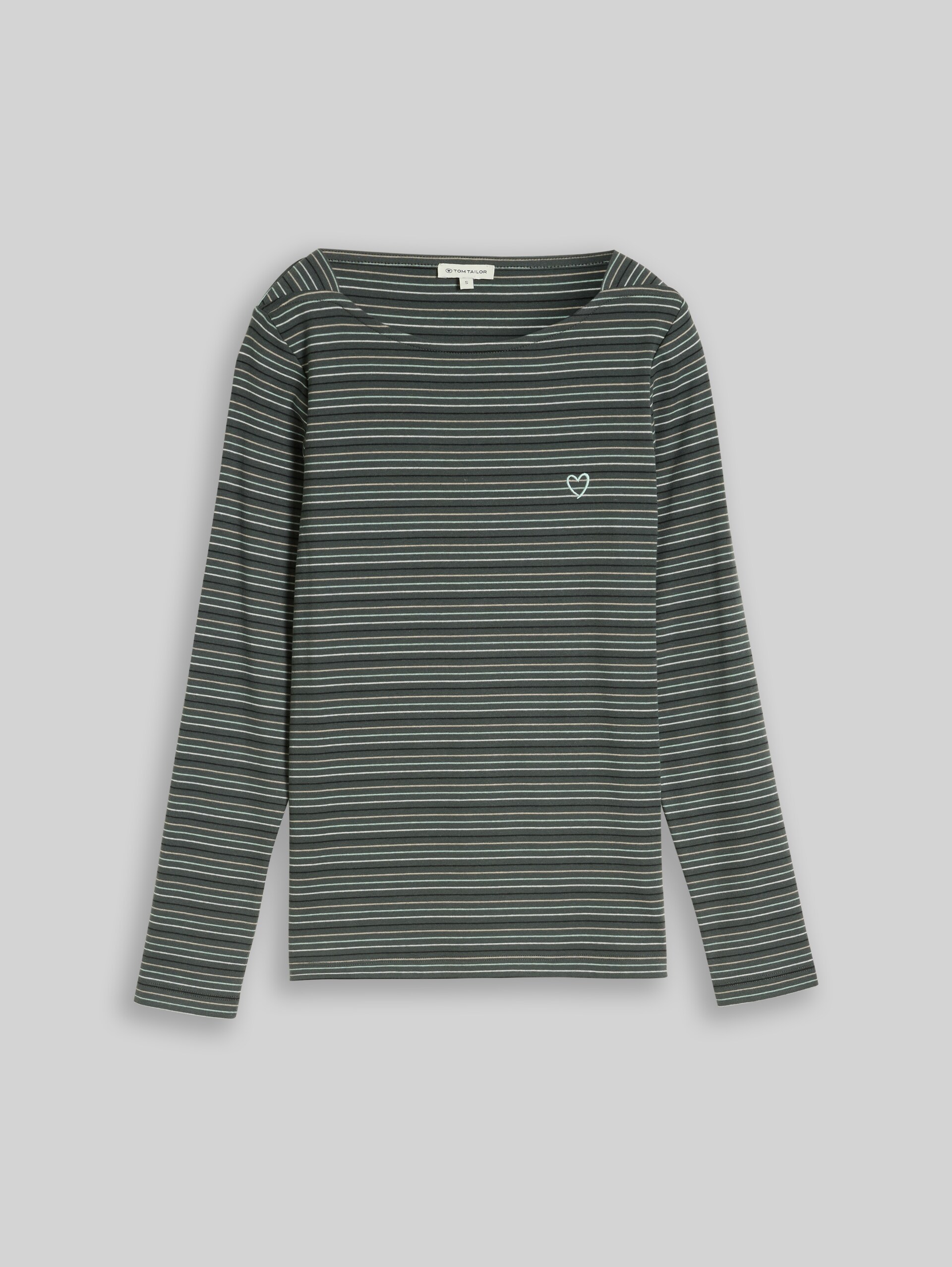 Langarmshirt mit Herz-Stickerei - green dusty light green stripe - Vorder-Produkt-Ansicht