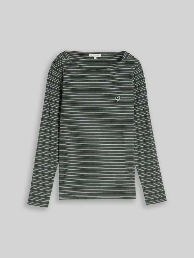 Long-sleeved T-shirt with heart embroidery by Women, green dusty light green stripe