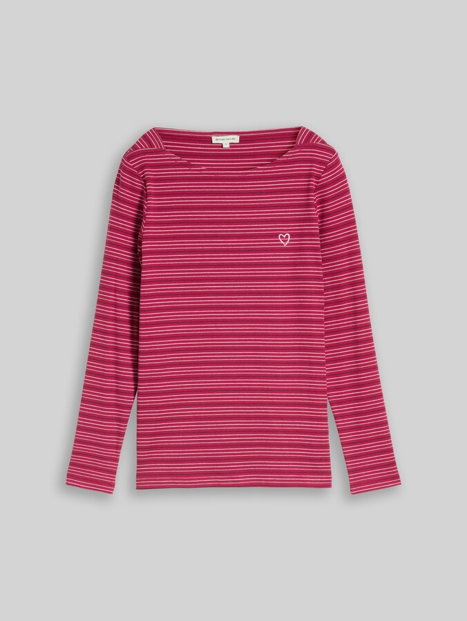 Long-sleeved T-shirt with heart embroidery by Women, dark pink beige stripe