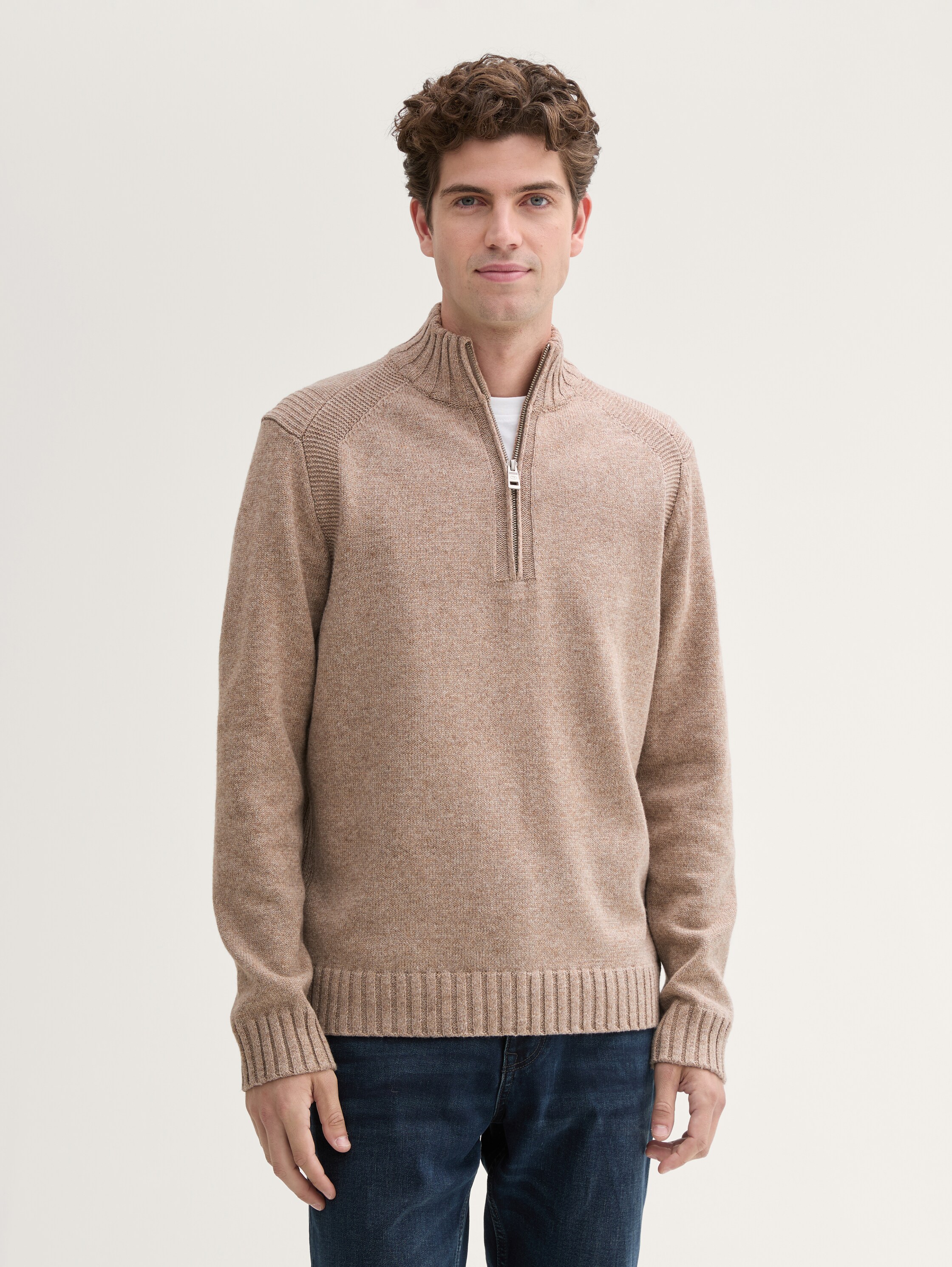 Cosy Troyer Strickpullover mit Reißverschluss - parasol_brown_melange - 