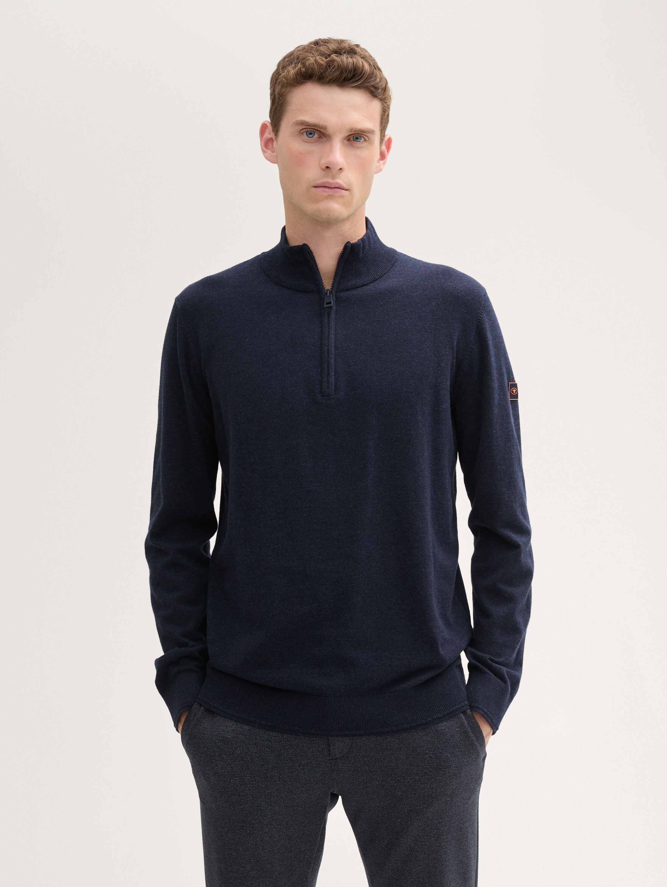 Troyer Strickpullover mit Logo-Badge - knitted_navy_melange - 