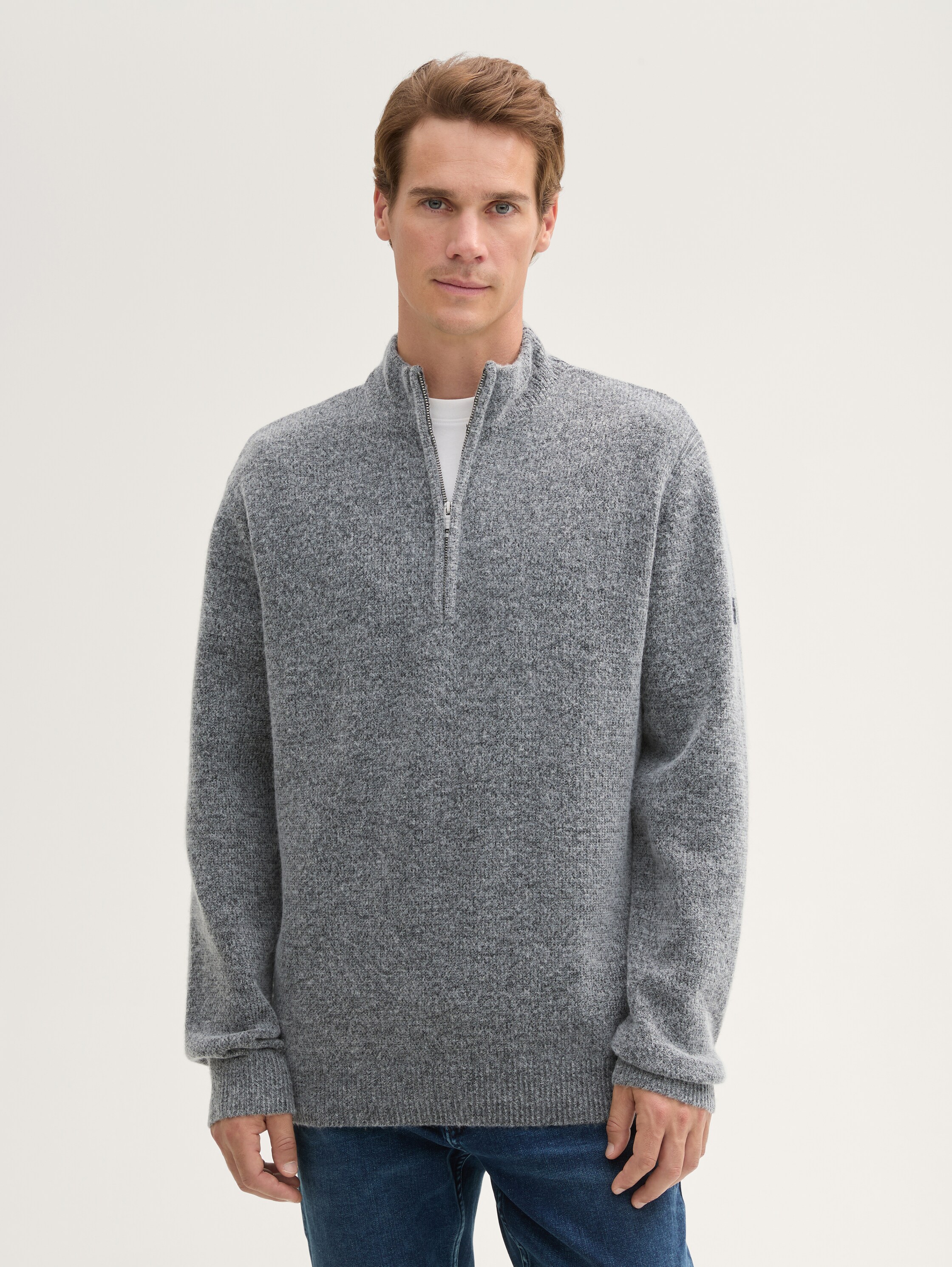Soft-Touch Troyer Strickpullover - light_stone_grey_black_core - 