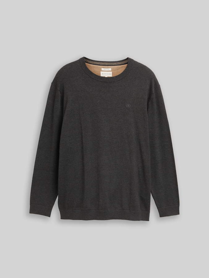Plus Size - Strickpullover mit Logo Stickerei von Men Plus Size, Black Grey Melange