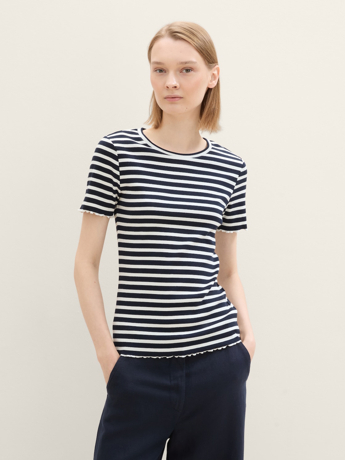 Ripp T-Shirt im 2er-Pack - dark blue white stripe - Ausschnitt Model-Vorderansicht