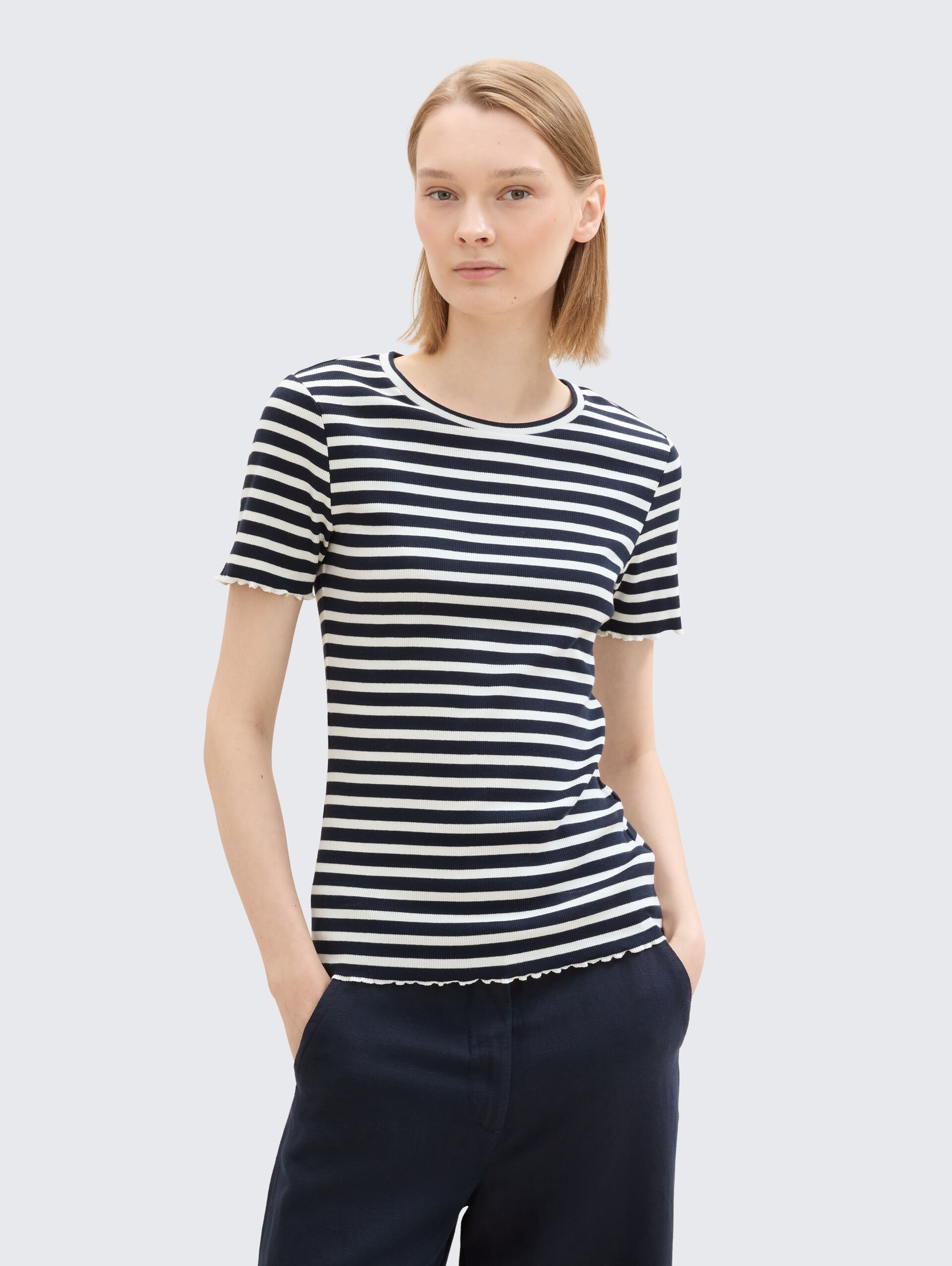 Ripp T-Shirt im 2er-Pack - dark blue white stripe - Ausschnitt Model-Vorderansicht