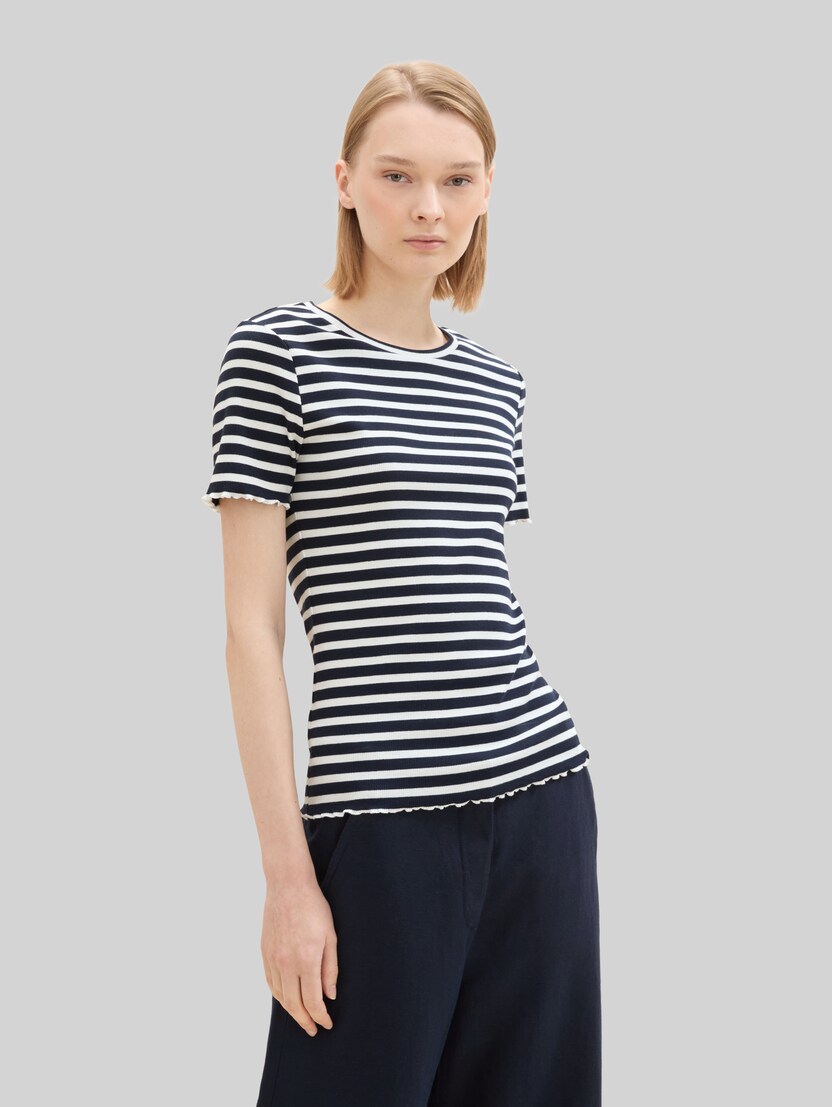 Geribbeld T-shirt in een set van 2 door Denim Female, dark blue white stripe