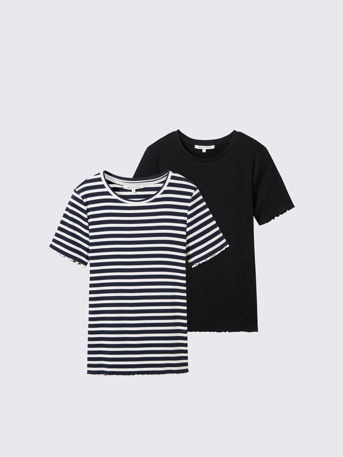 Geribbeld T-shirt in een set van 2 door Denim Female, dark blue white stripe