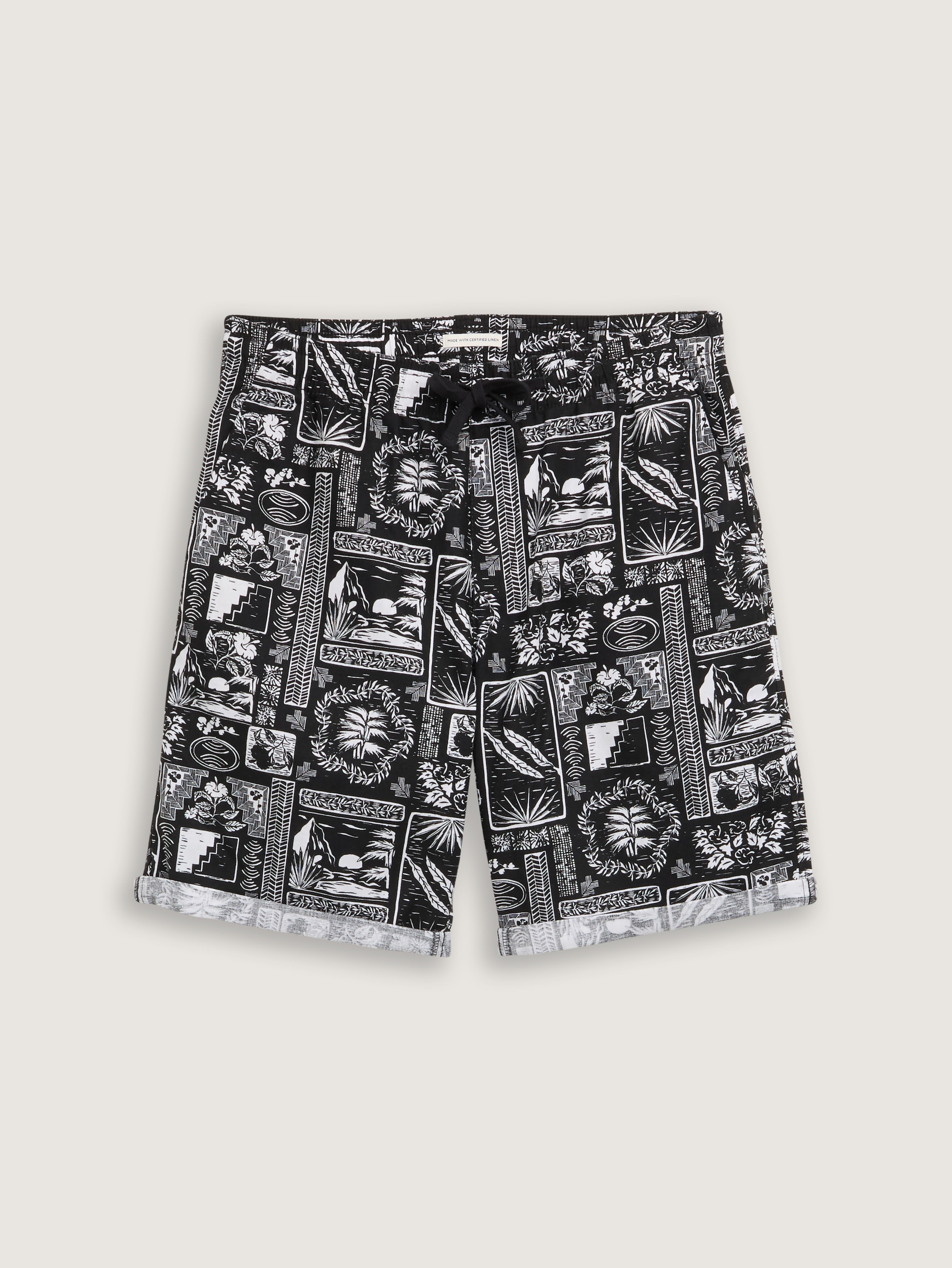 Relaxed Shorts mit Leinenanteil - black_white_hawai_print - 