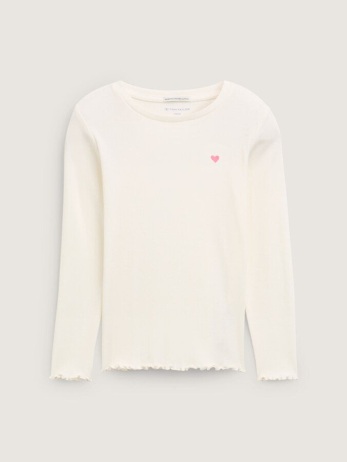 Ribbed long-sleeved shirt with embroidery by Mini Girls, Wool White
