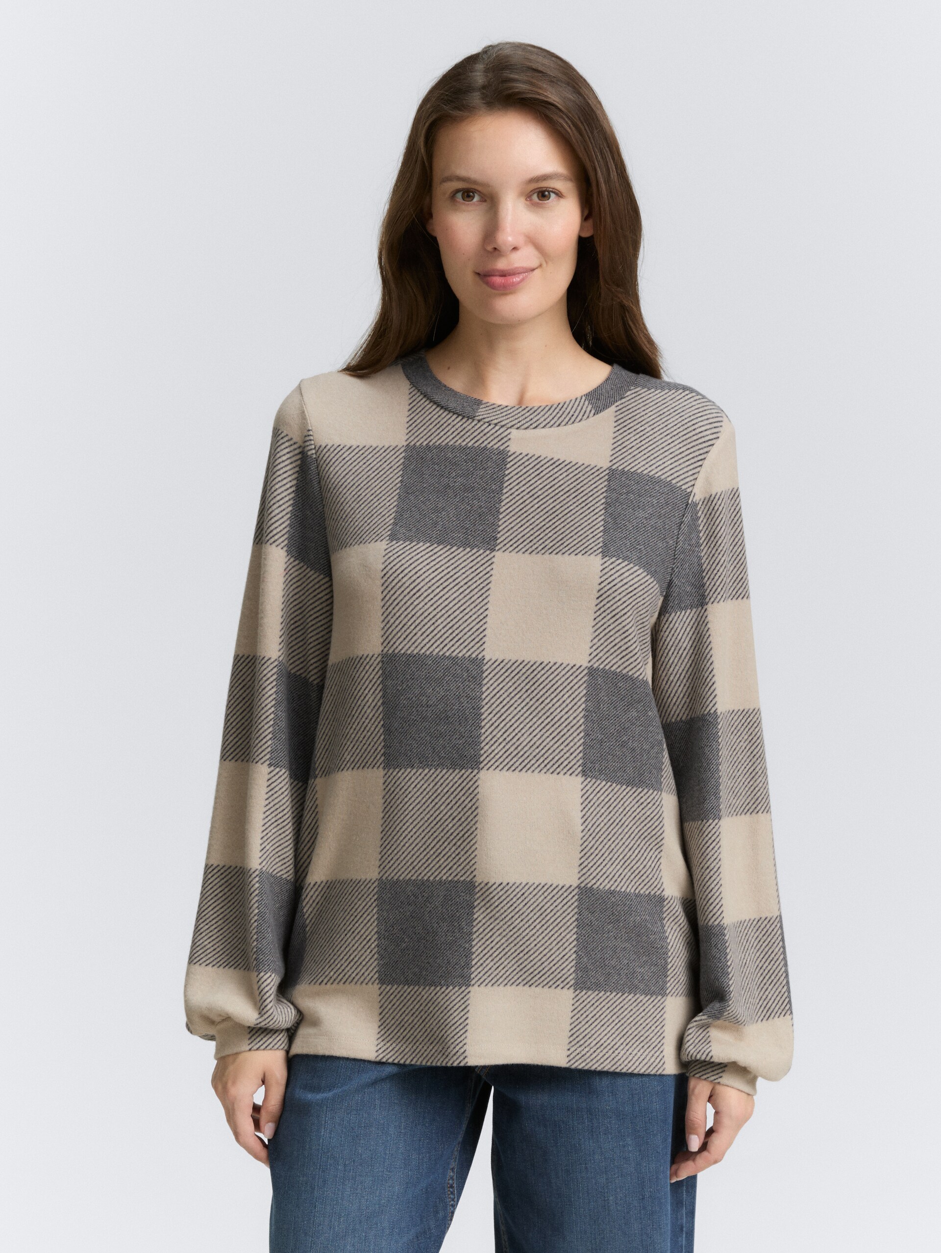Shirt met lange mouwen met patroon - black taupe cosy check - Nek model vooraanzicht