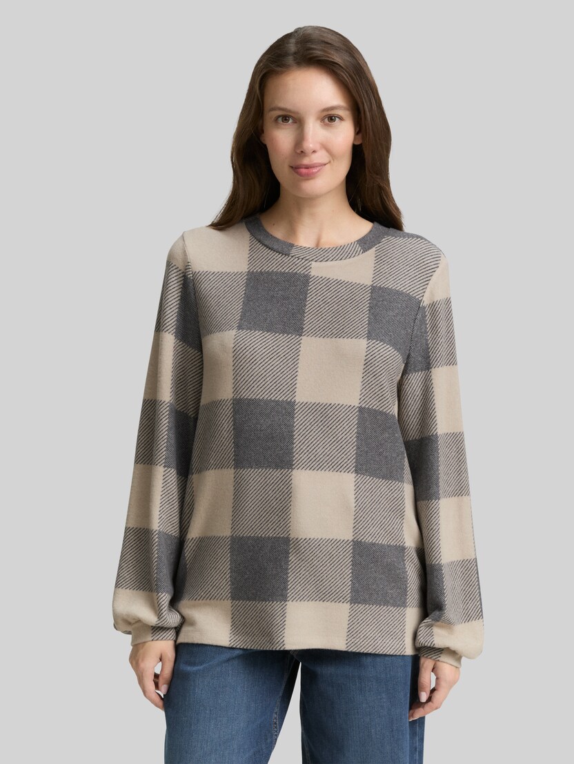 Langarmshirt mit Muster von Women, black taupe cosy check