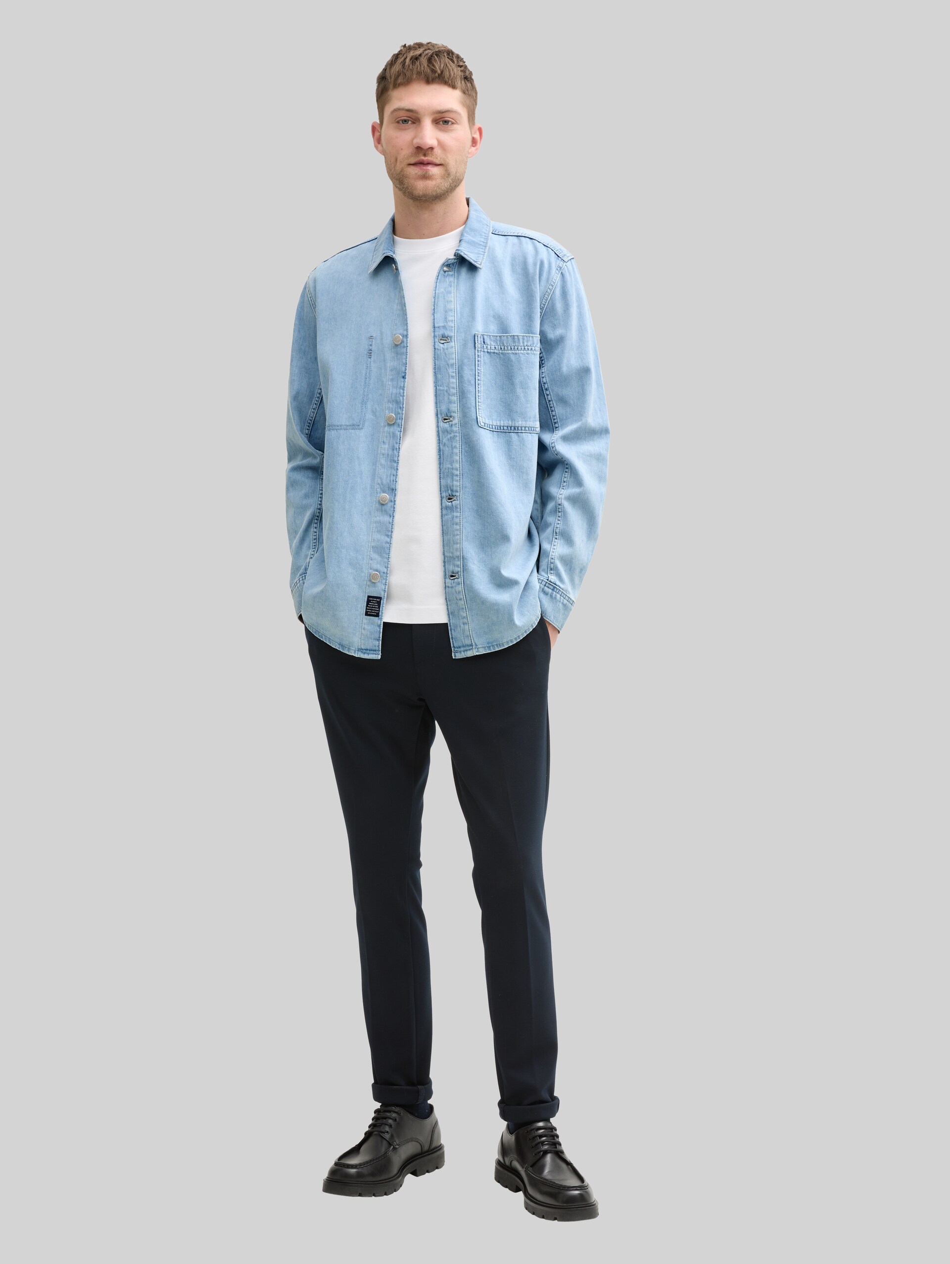 Comfort fit denim shirt with breast pocket - Used Bleached Blue Denim - Model front view