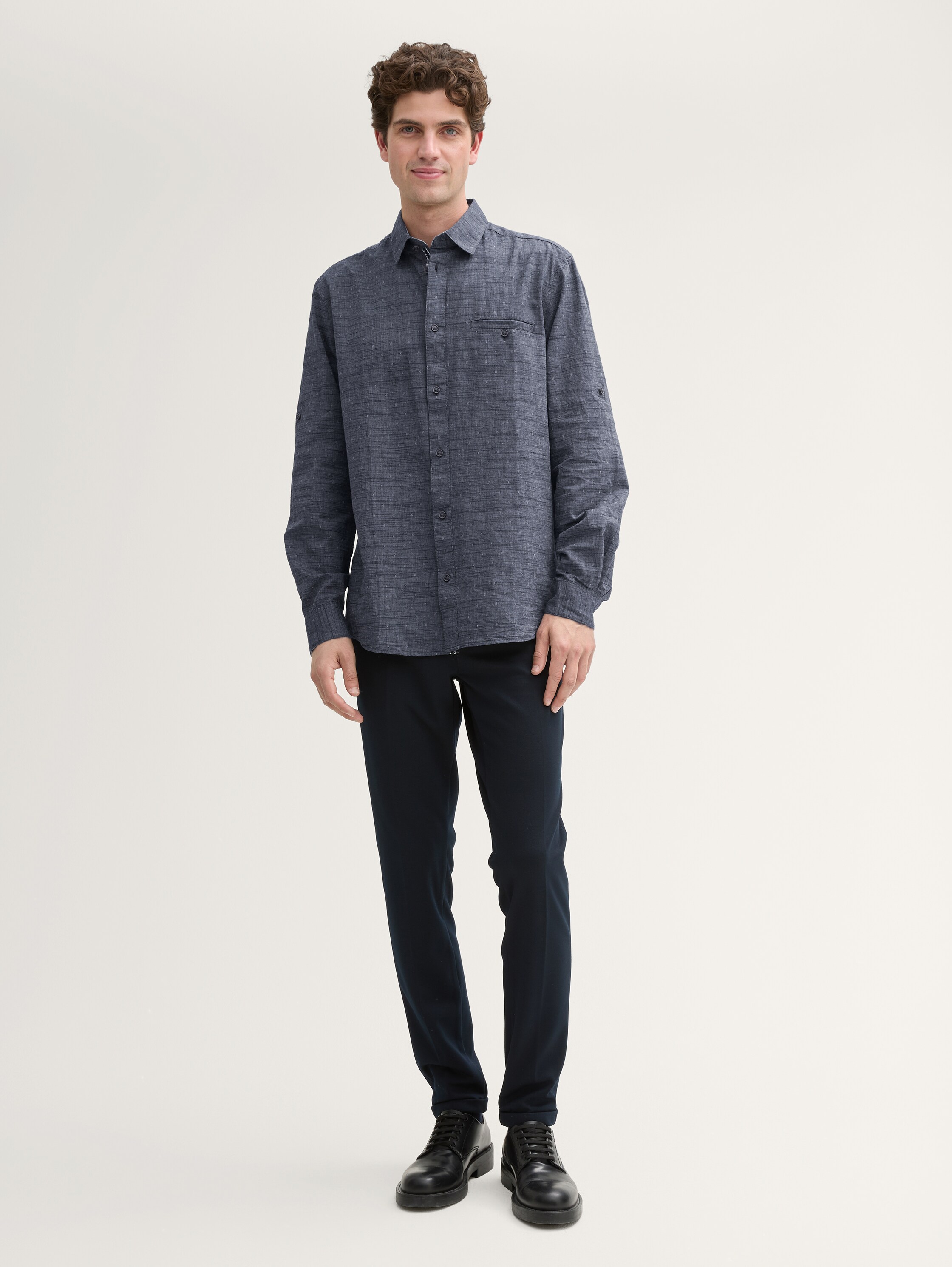 Regular Fit Hemd mit Turn-up-Funktion - navy_white_fil_a_fil_dobby - 