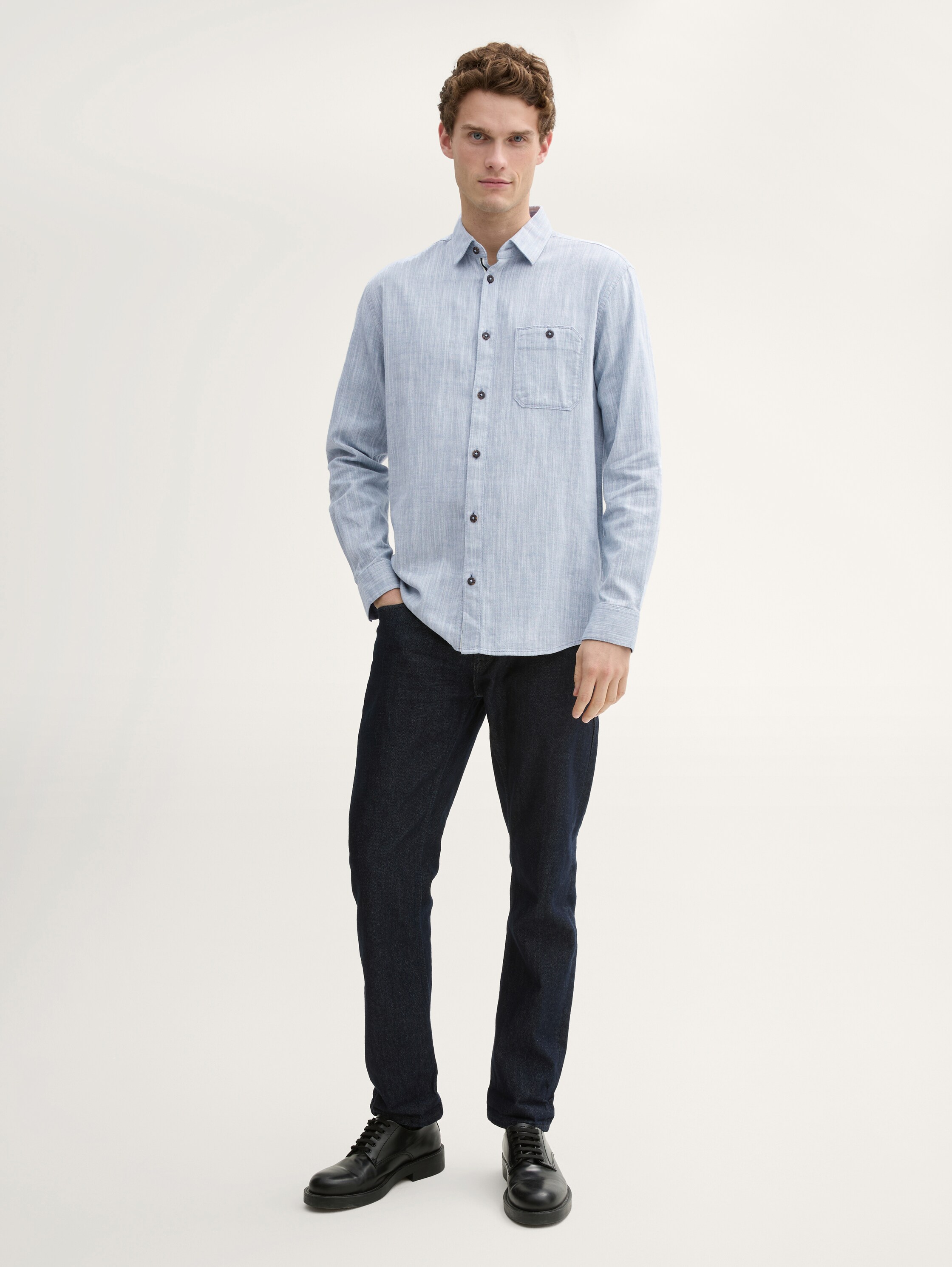 Regular fit overhemd met borstzak - white_blue_twill_structure - 
