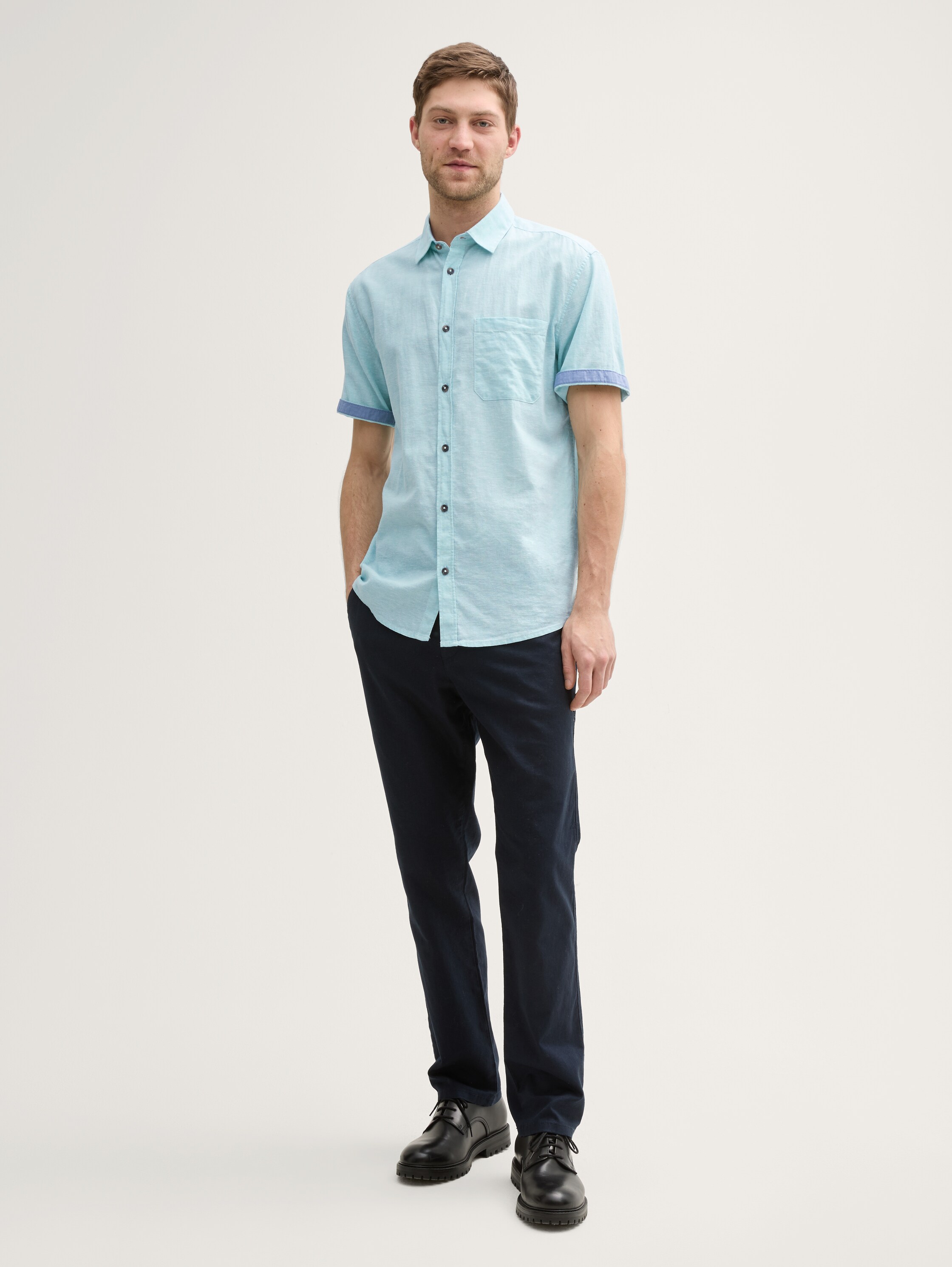 Regular Fit Kurzarmhemd mit Leinenanteil - pastel_turquoise_chambray - 