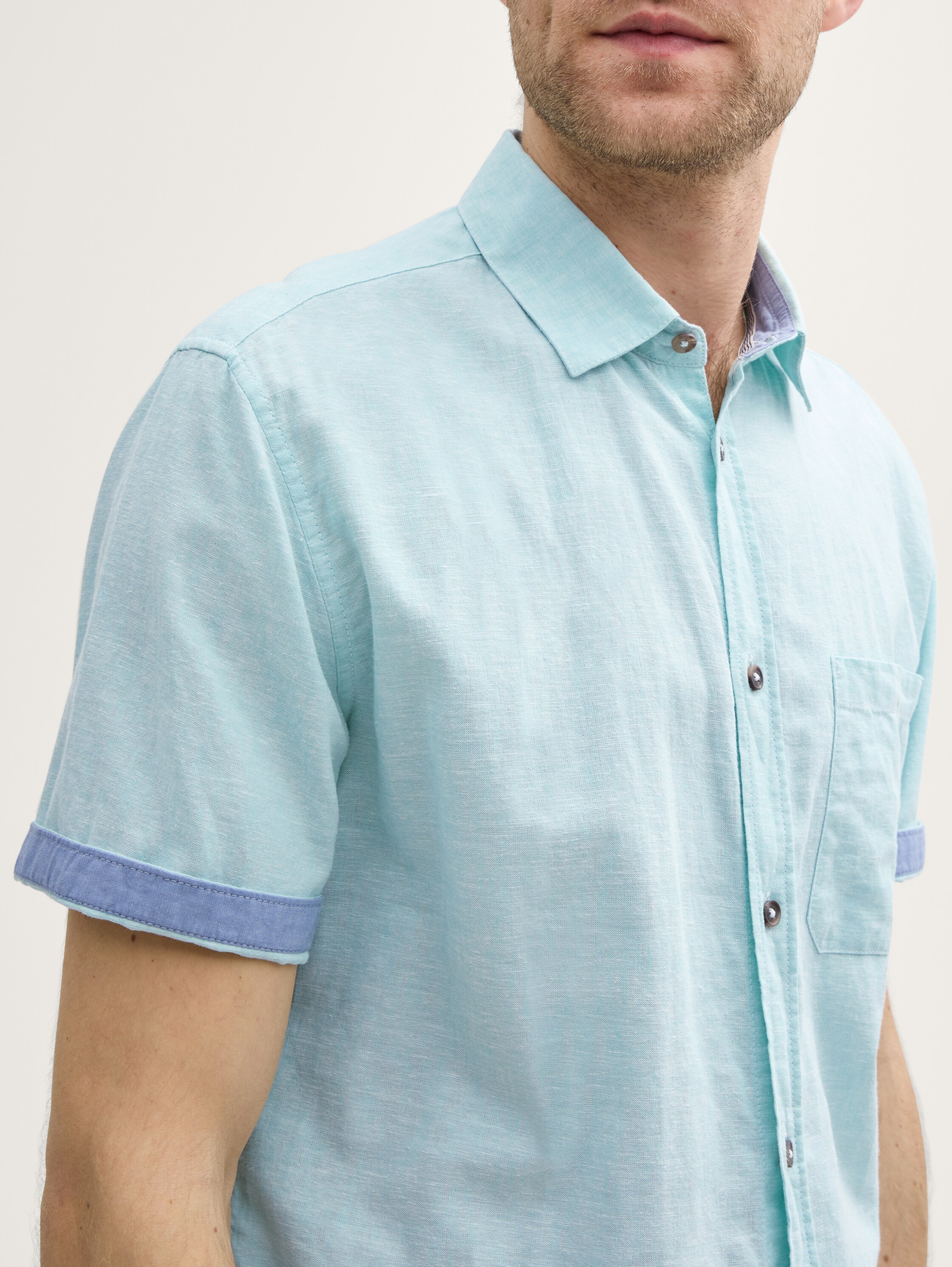 Regular Fit Kurzarmhemd mit Leinenanteil - pastel_turquoise_chambray - 