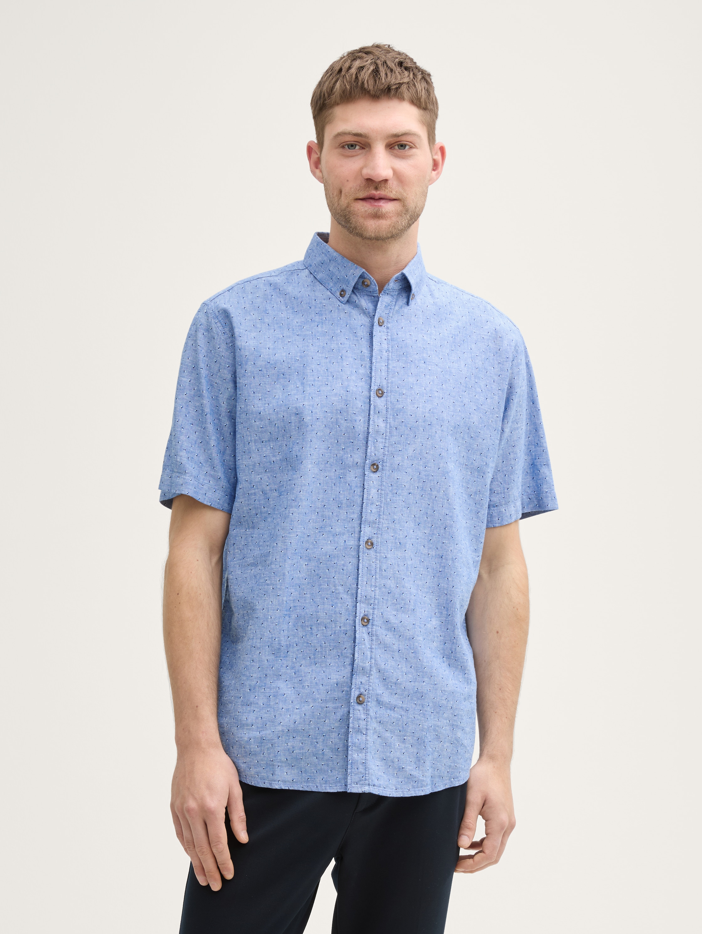 Regular Fit Kurzarmhemd mit Leinenanteil im Pünktchen-Muster - mid_blue_dot_design - 