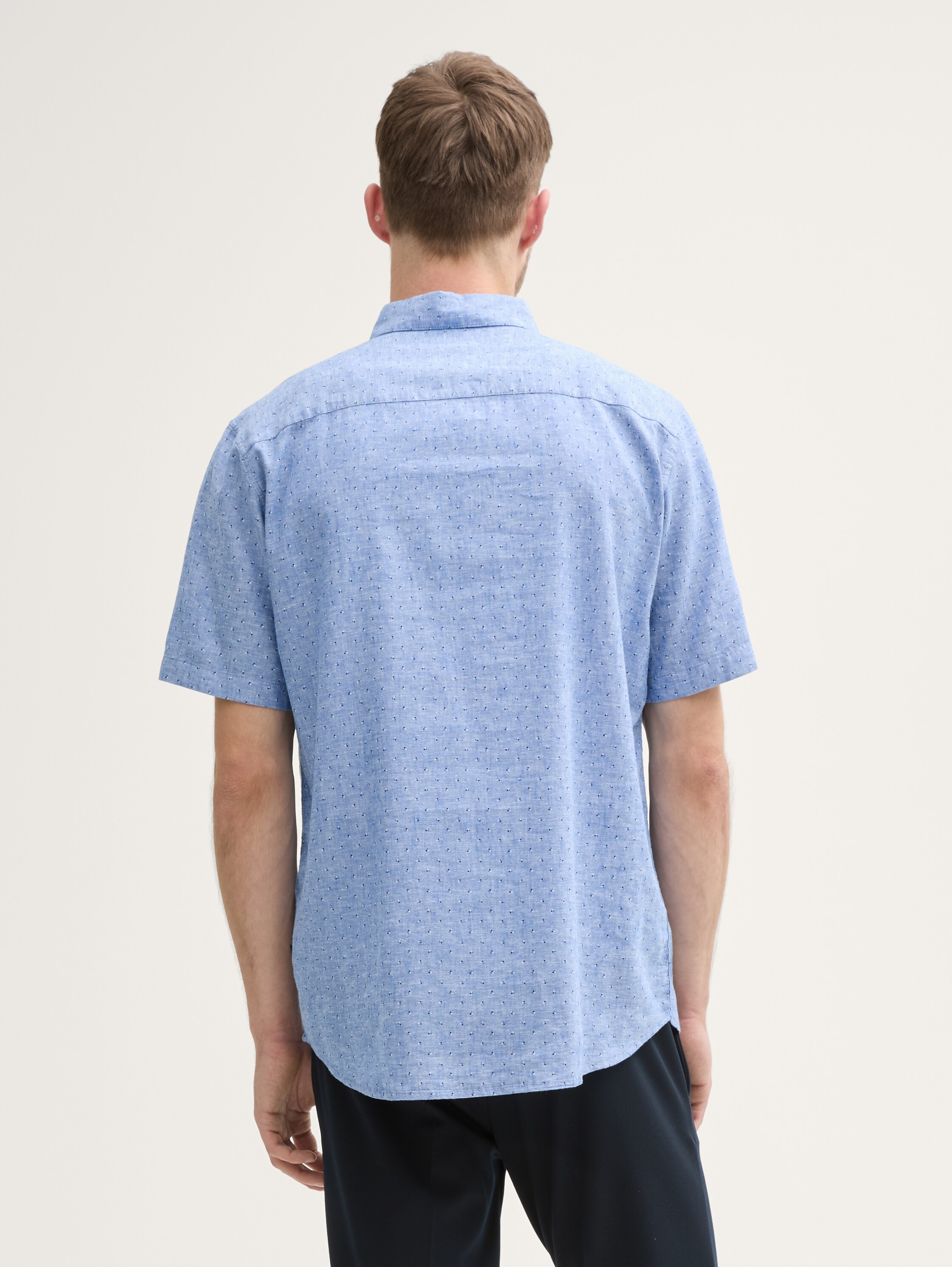 Regular Fit Kurzarmhemd mit Leinenanteil im Pünktchen-Muster - mid_blue_dot_design - 