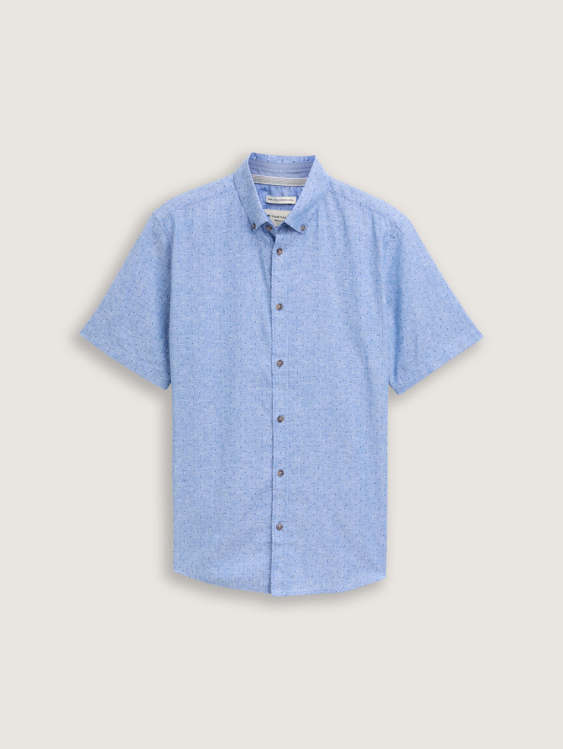 Regular Fit Kurzarmhemd mit Leinenanteil im Pünktchen-Muster - mid_blue_dot_design - 