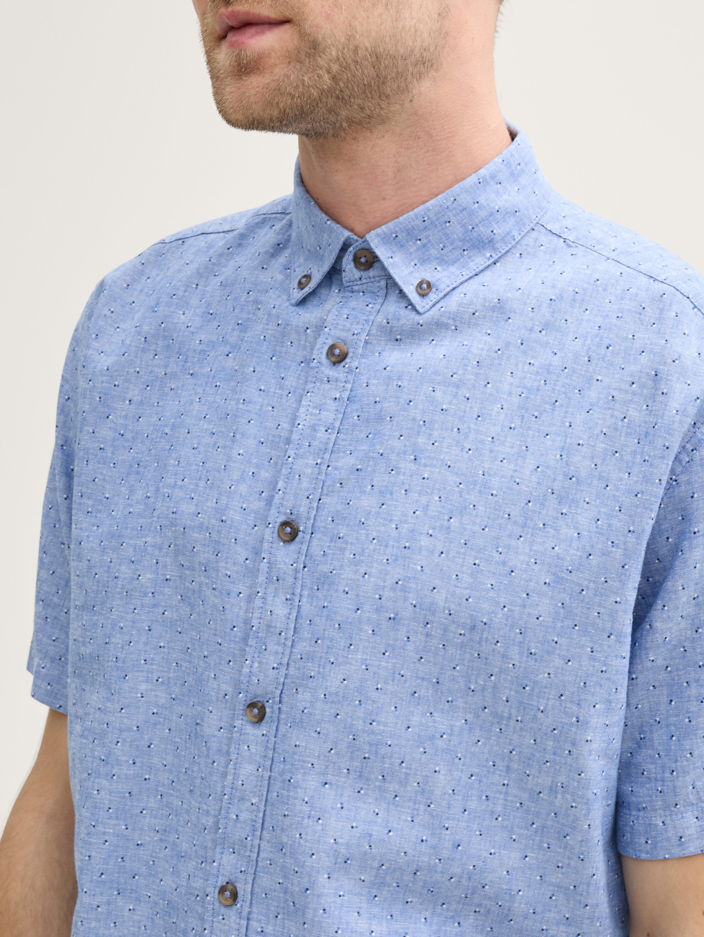 Regular Fit Kurzarmhemd mit Leinenanteil im Pünktchen-Muster - mid_blue_dot_design - 