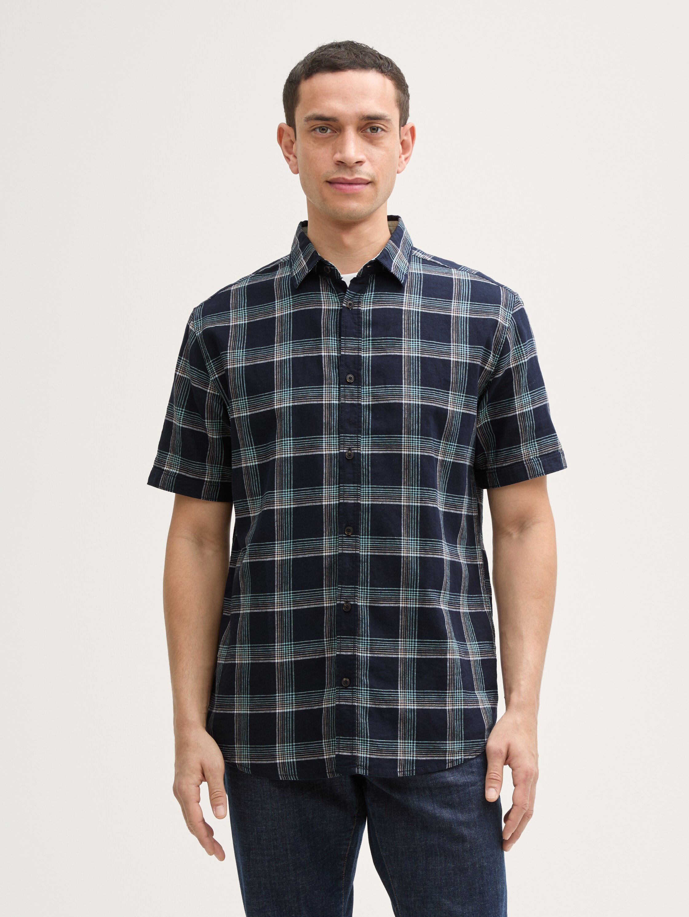 Regular Fit Kurzarmhemd mit Leinenanteil - navy_turquoise_check - 