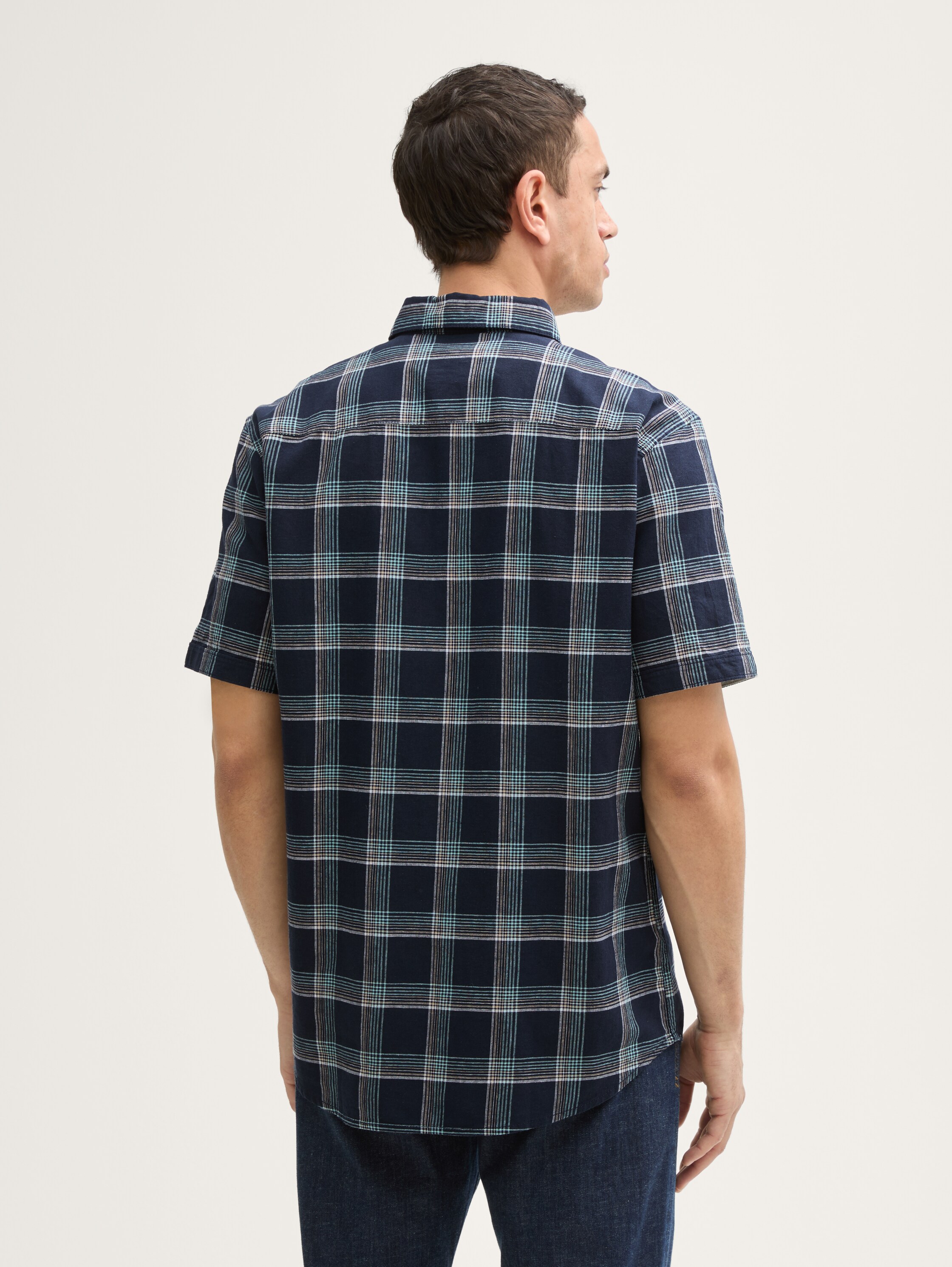 Regular Fit Kurzarmhemd mit Leinenanteil - navy_turquoise_check - 