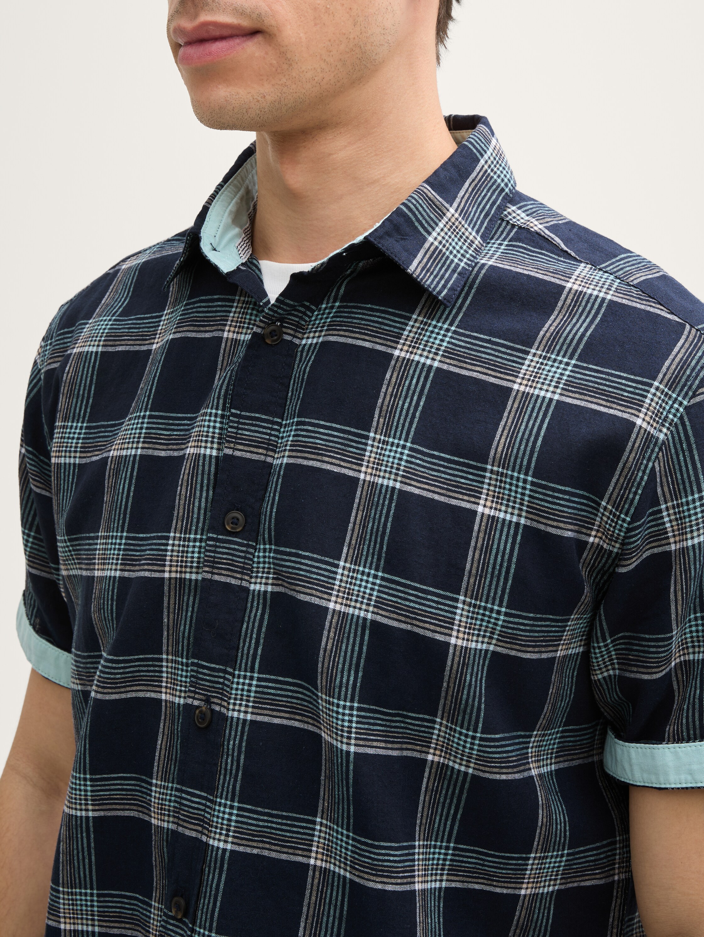 Regular Fit Kurzarmhemd mit Leinenanteil - navy_turquoise_check - 